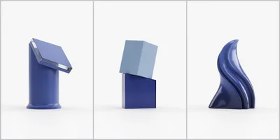 Three Abstract Blue Geometric Sculptures On White Background