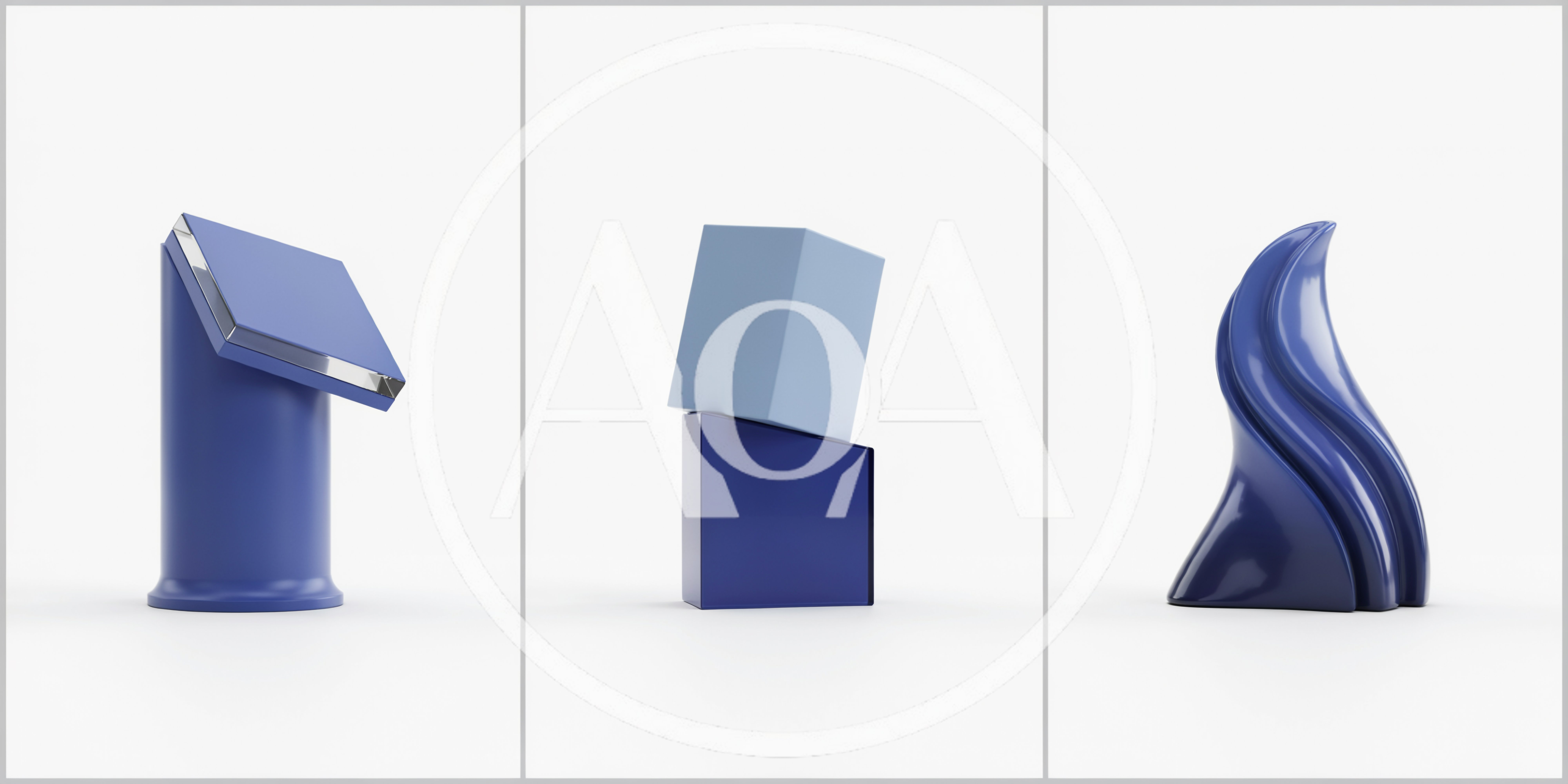 Three Abstract Blue Geometric Sculptures On White Background