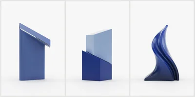Three Abstract Blue Geometric Sculptures On White Background