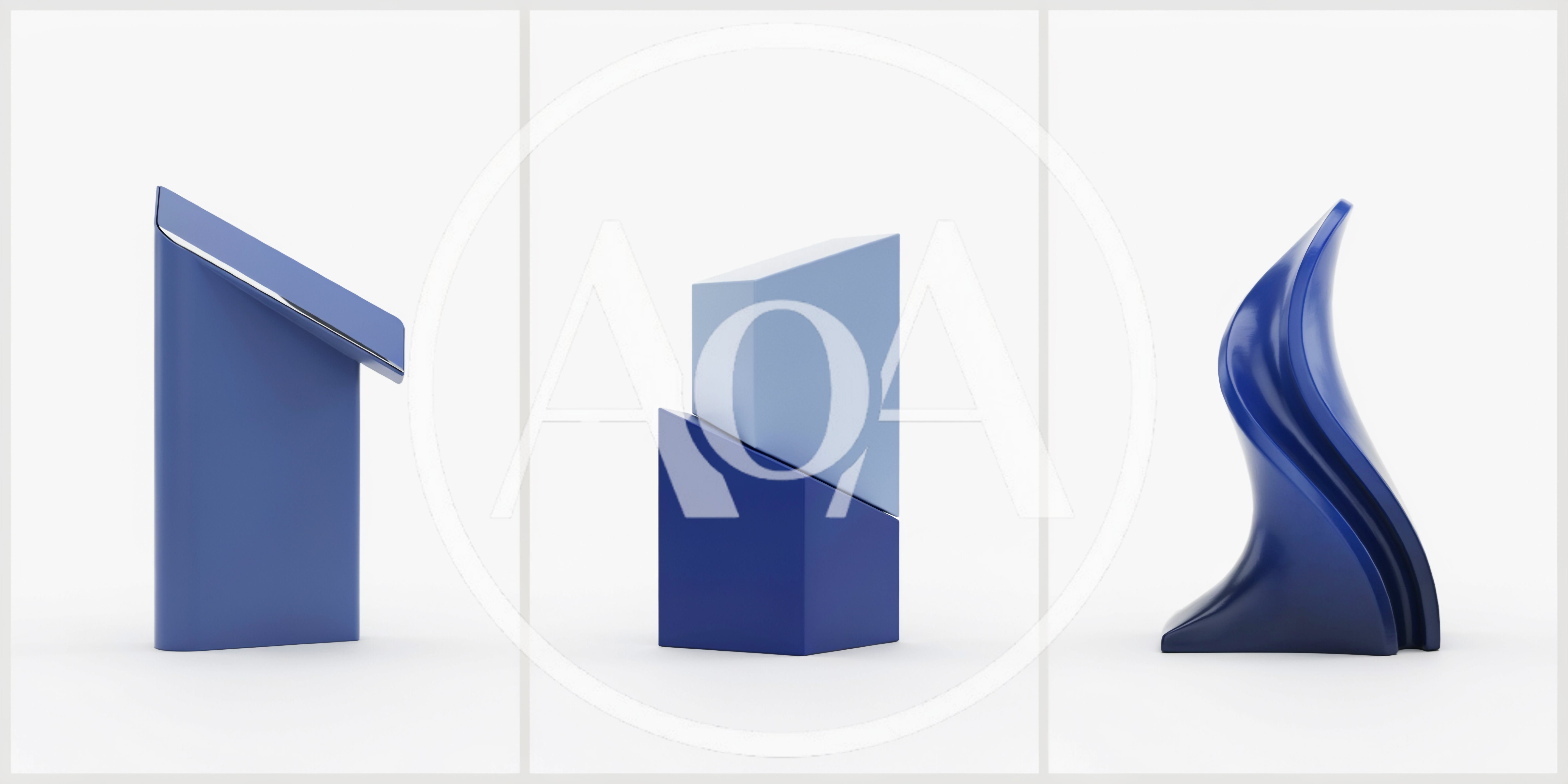 Three Abstract Blue Geometric Sculptures On White Background