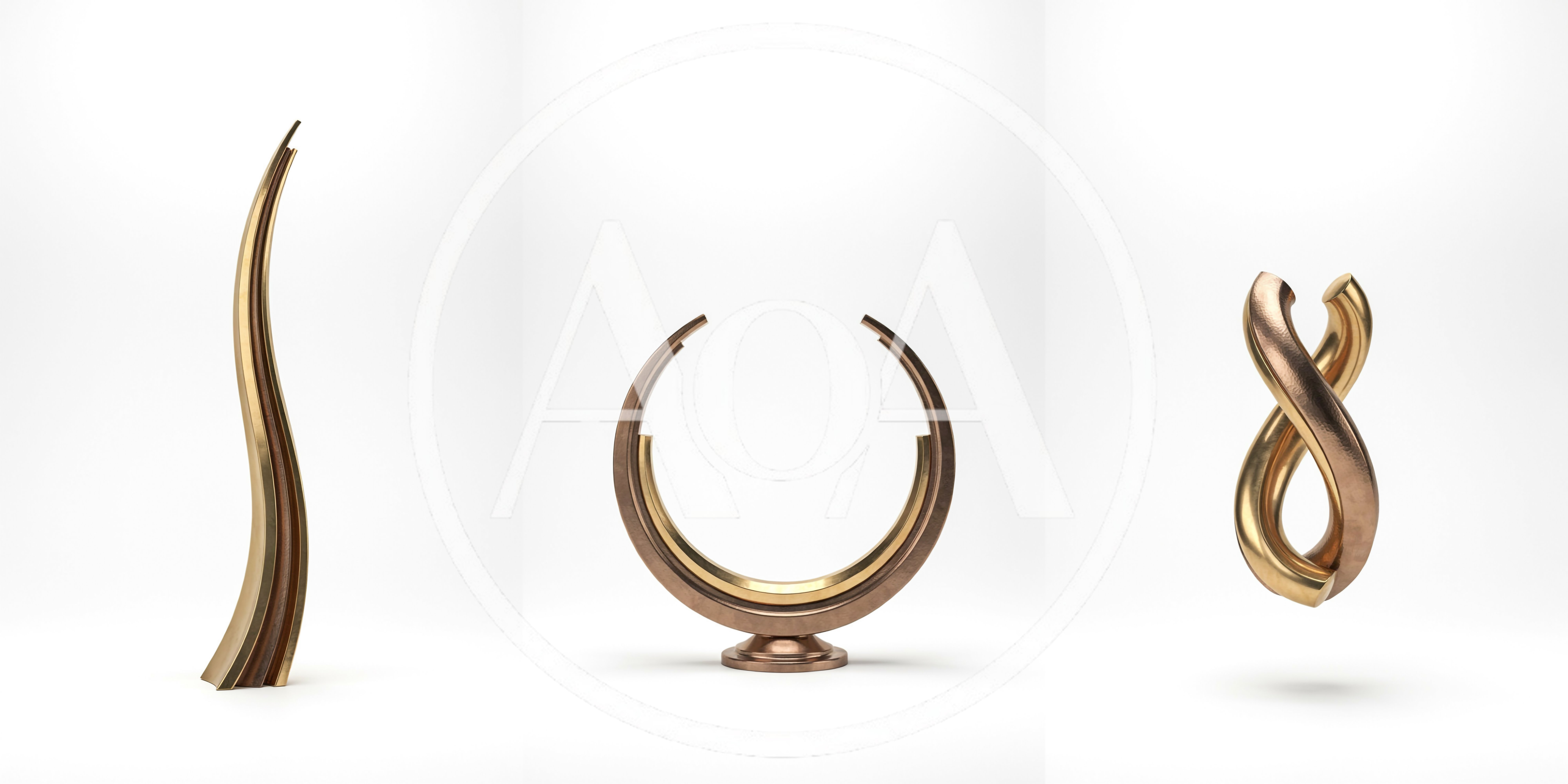 Three Abstract Metallic Sculptures On White Background