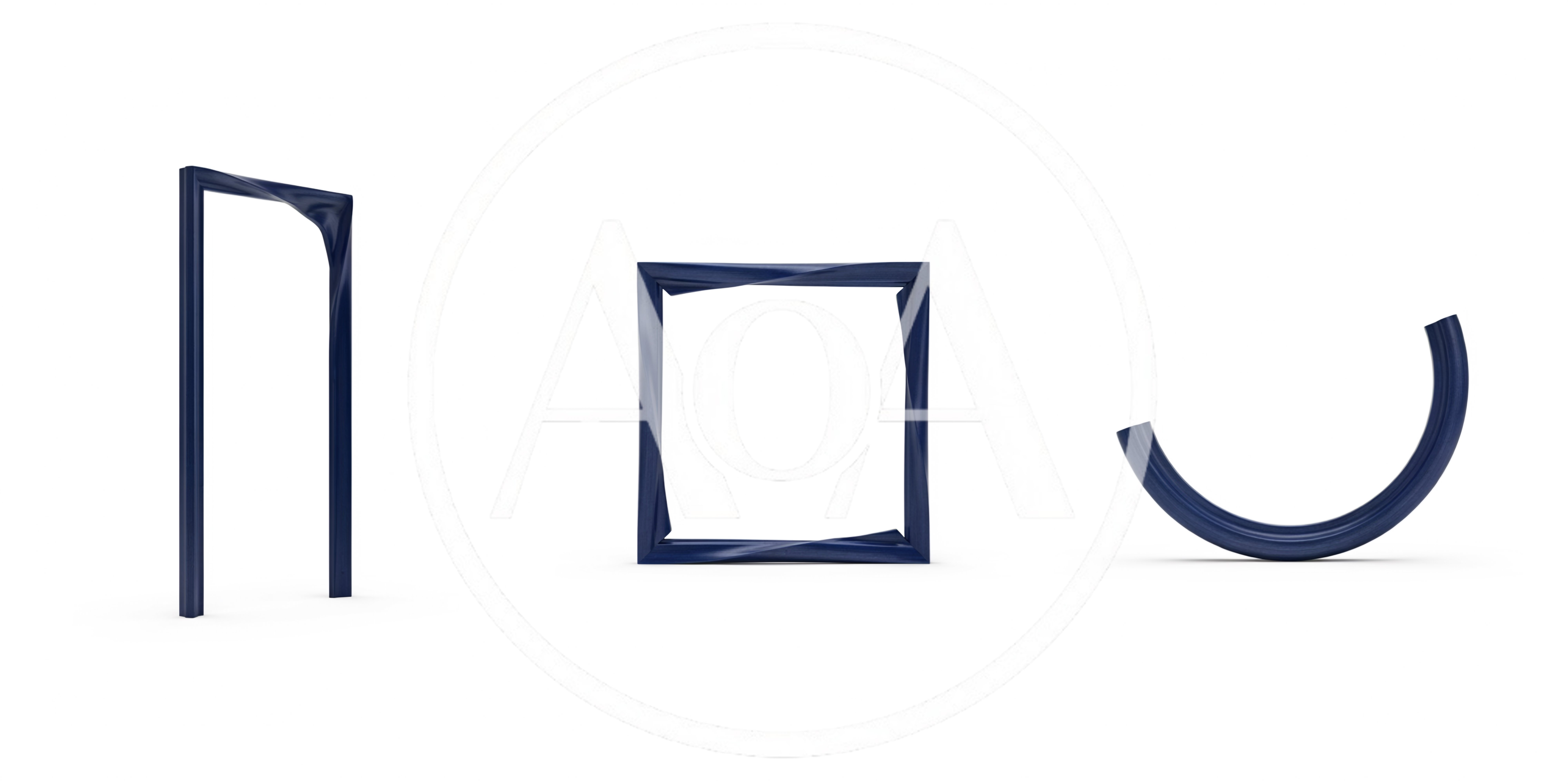 Three Abstract Dark Blue Geometric Shapes On White Background