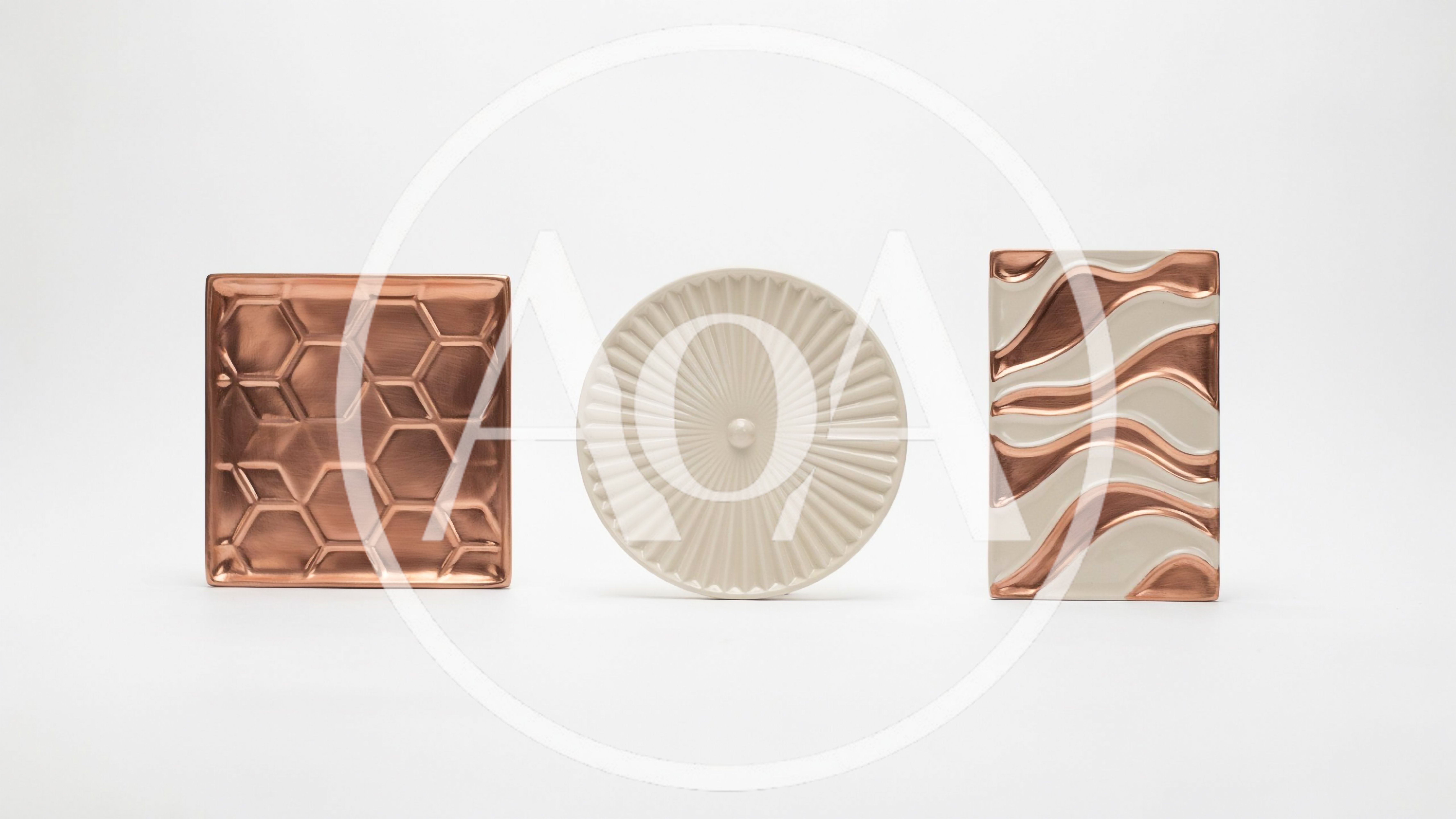 Three Decorative Ceramic Tiles With Metallic Copper Accents