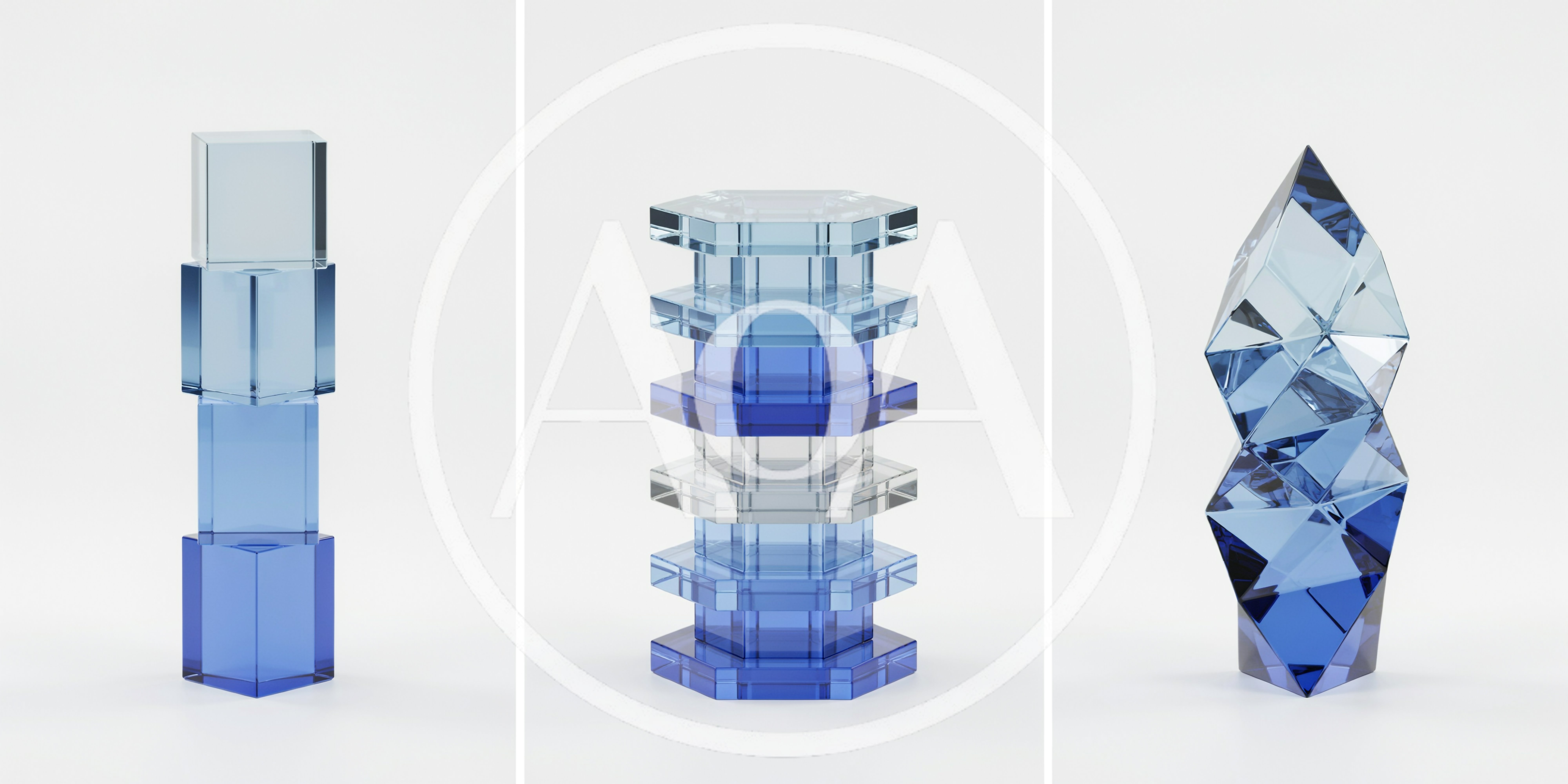 Three Abstract Blue Glass Sculptures On White Background