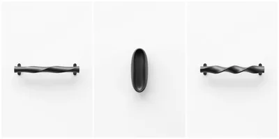 Three Black Metal Cabinet Handles On White Background