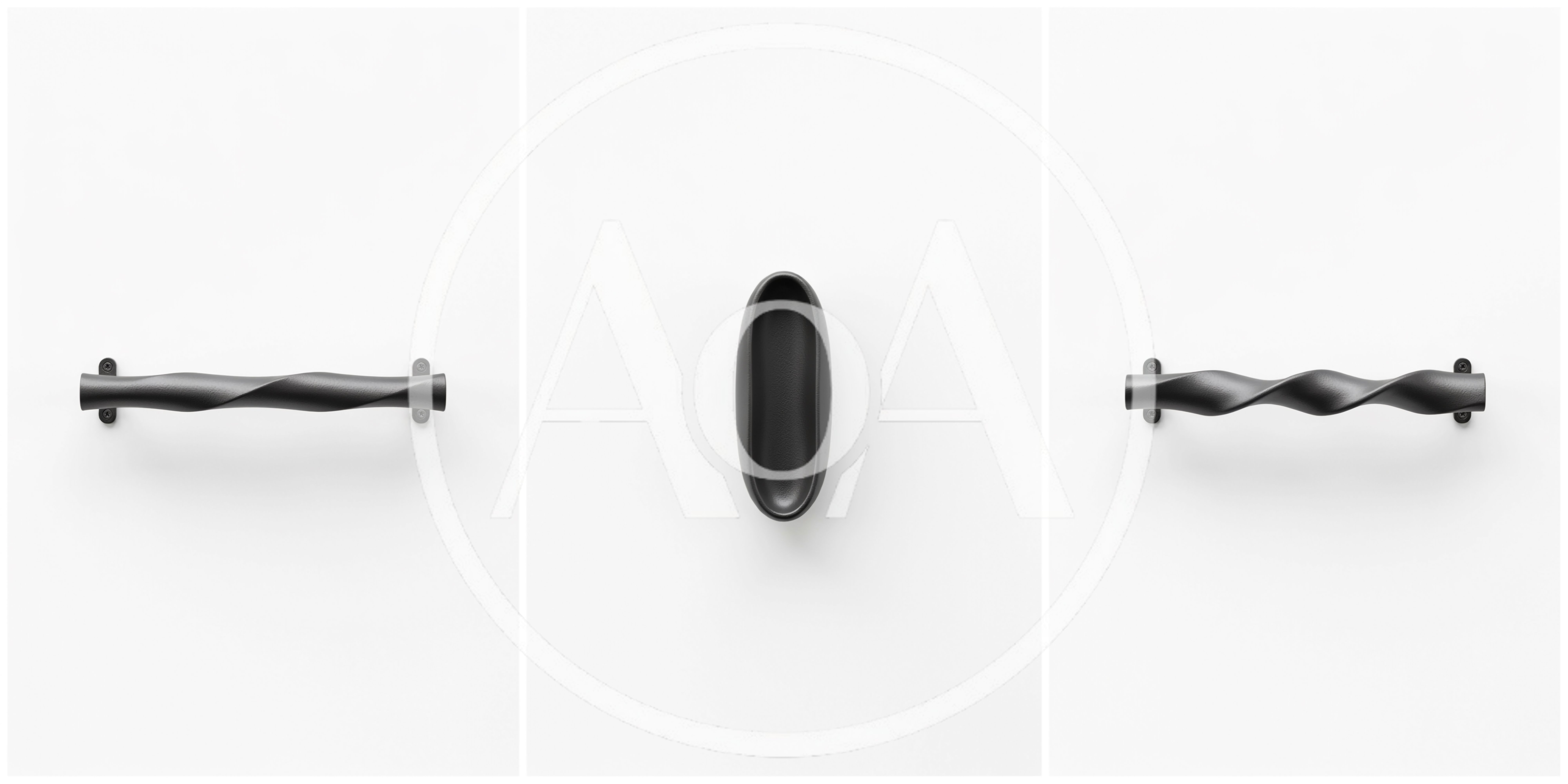 Three Black Metal Cabinet Handles On White Background
