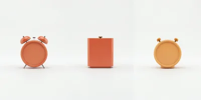 Three Minimalist Orange Alarm Clocks On White Background