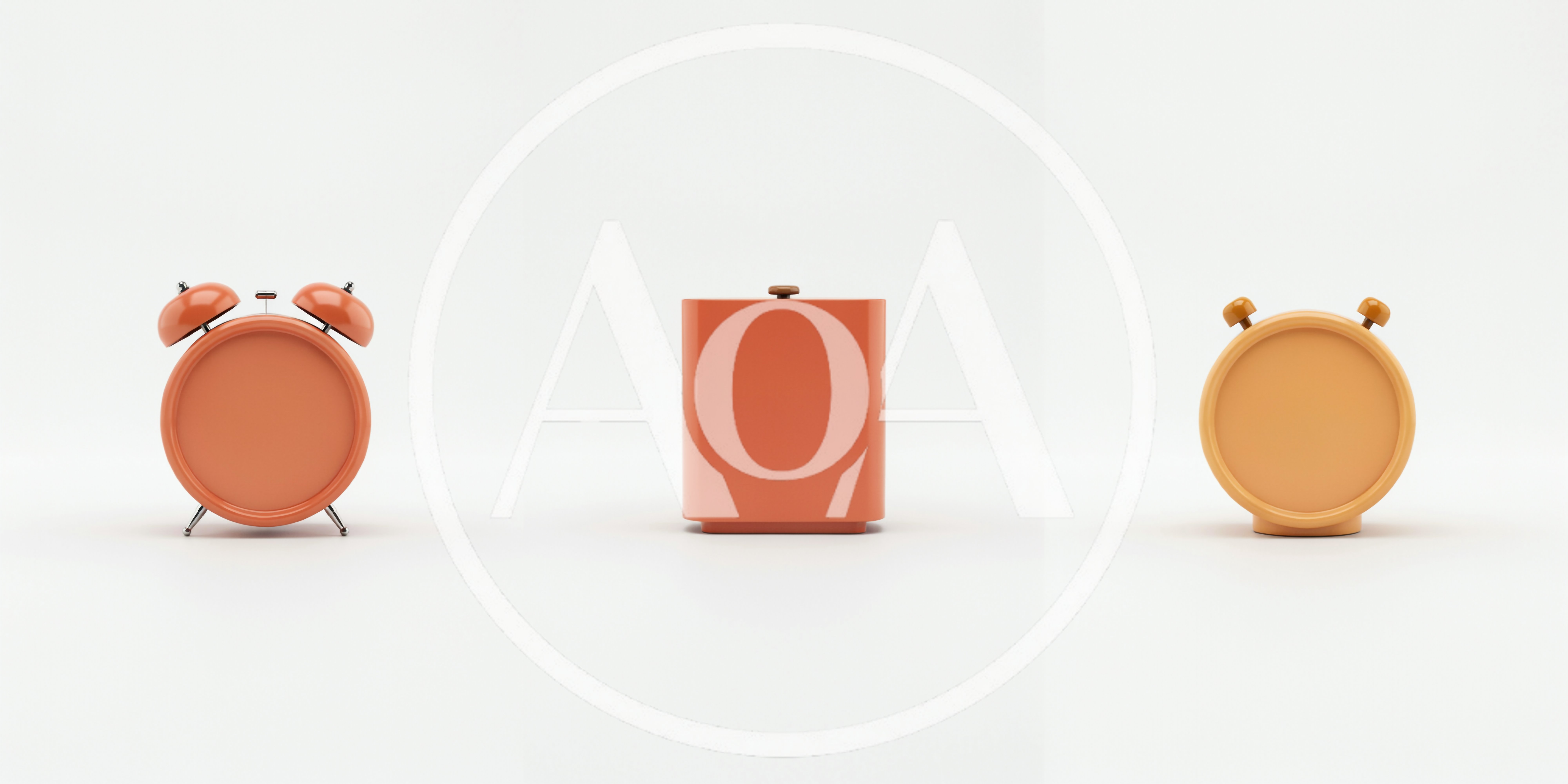 Three Minimalist Orange Alarm Clocks On White Background
