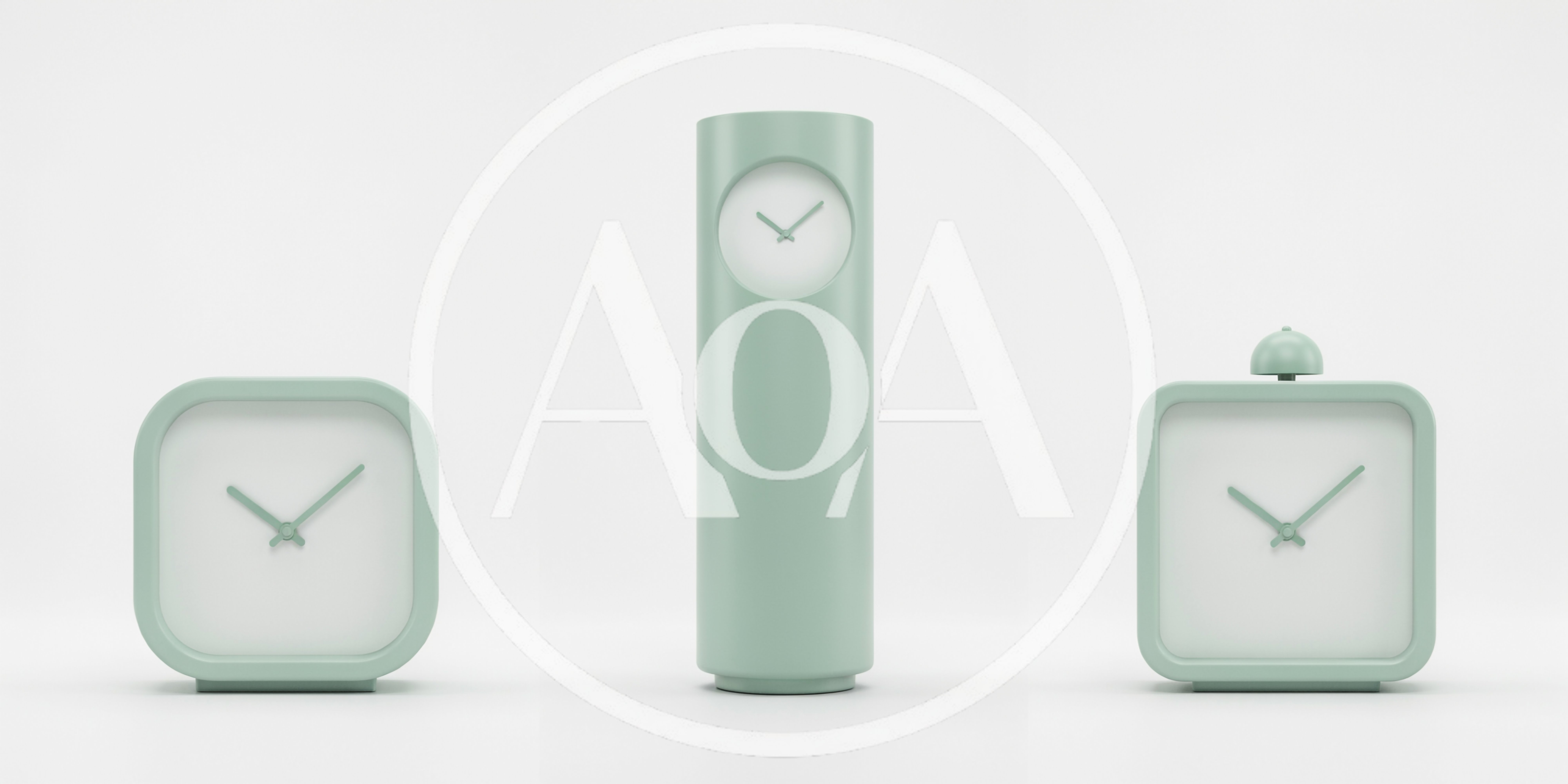 Three Minimalist Pastel Green Clocks on White Background