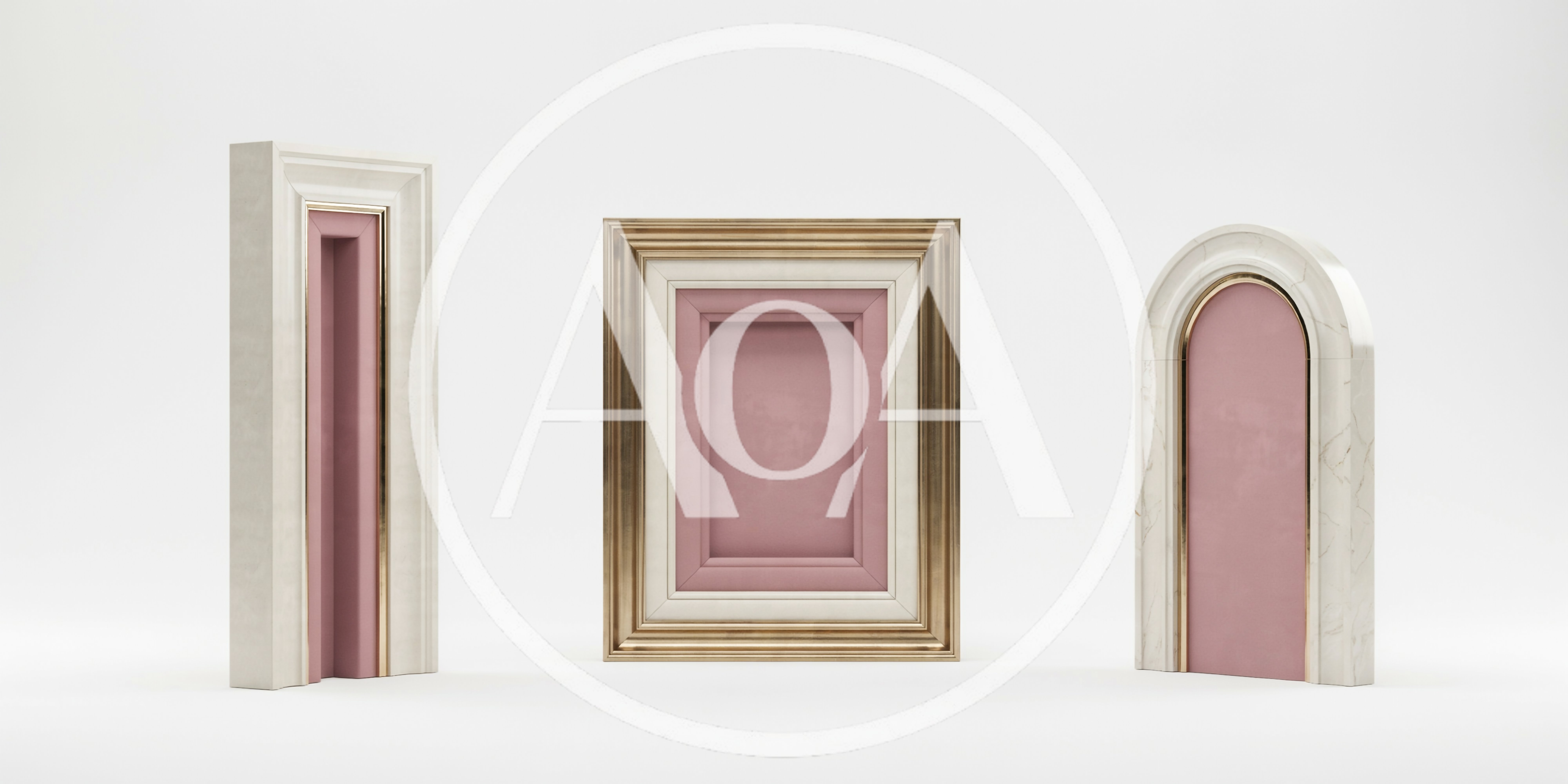 Three Decorative Architectural Frames With Pink Velvet Inserts