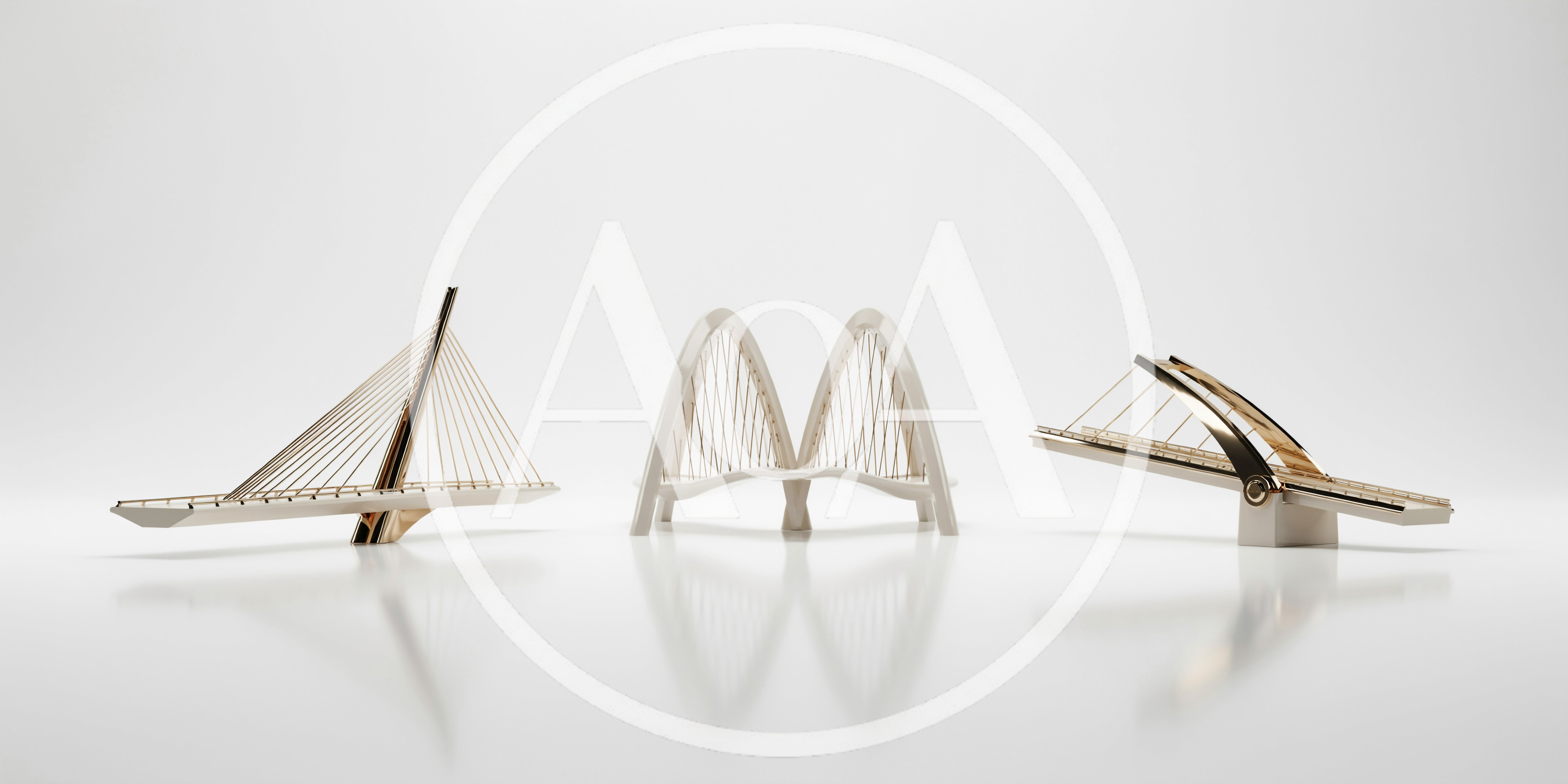 Three Modern Architectural Bridge Models On White Background