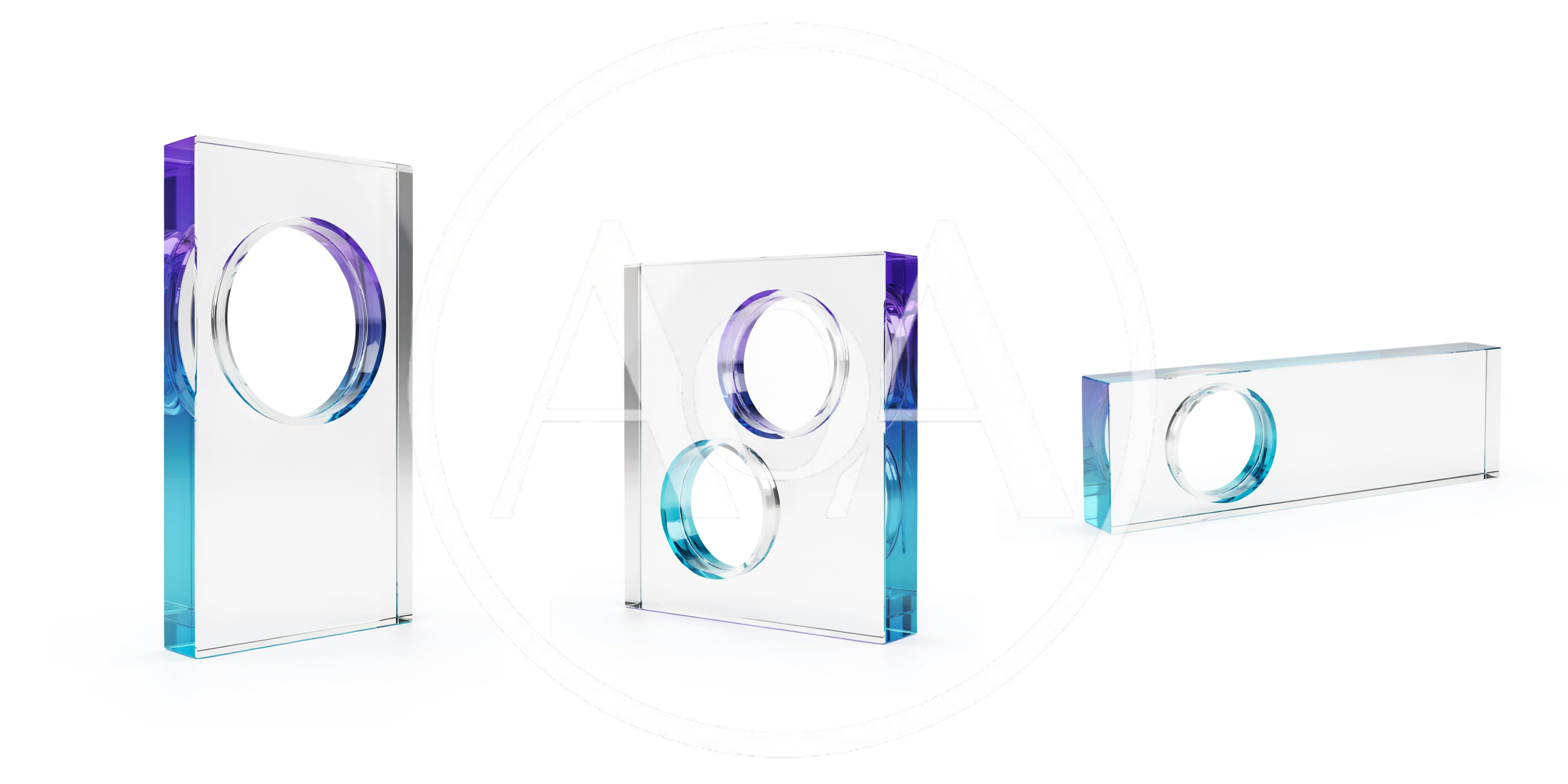 Three Transparent Glass Blocks With Circular Cutouts
