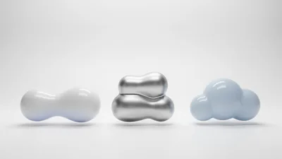 Three Abstract Glossy Floating Shapes On White Background