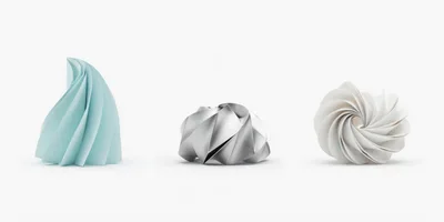 Three Abstract Geometric Sculptures On White Background