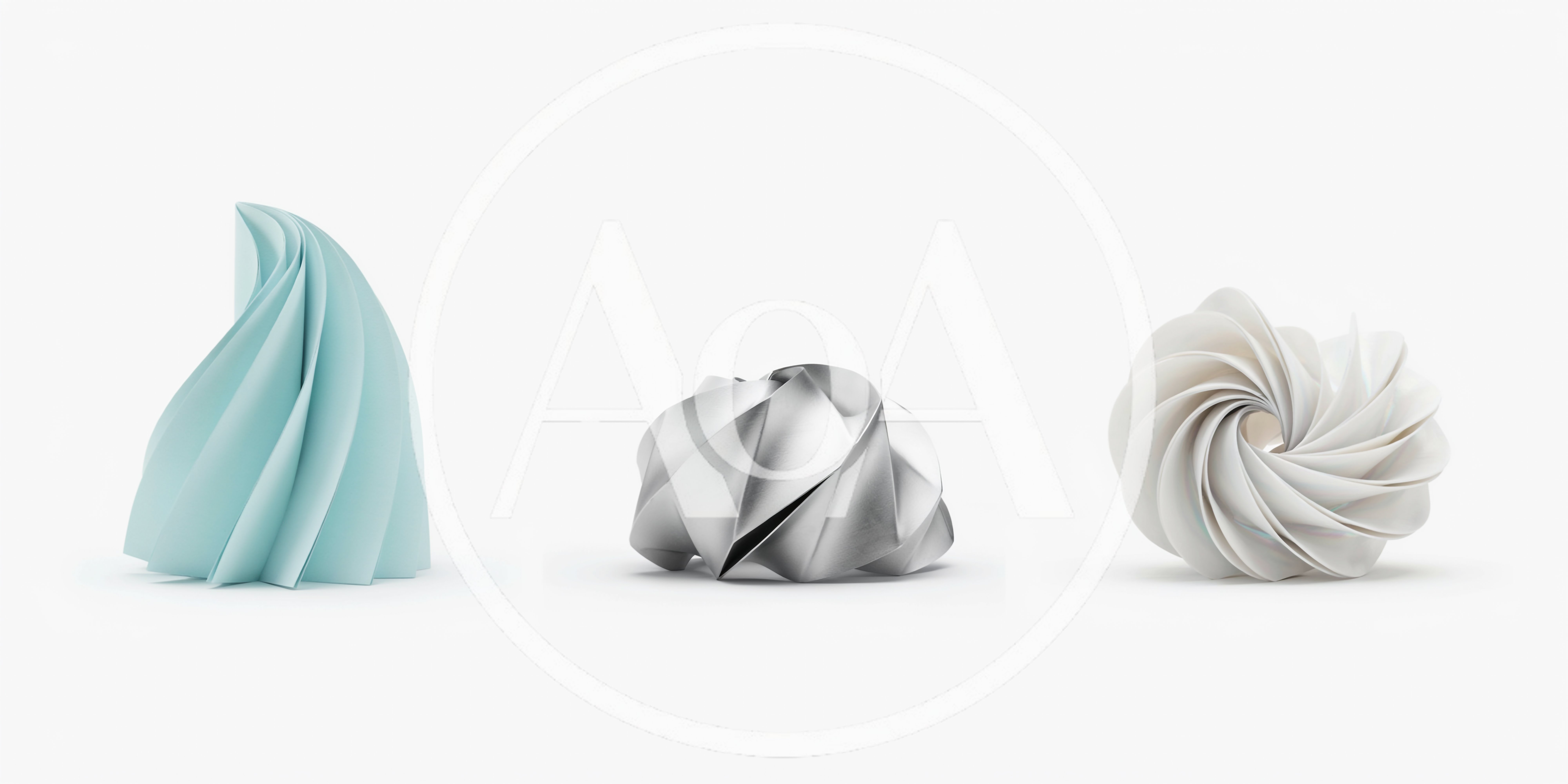 Three Abstract Geometric Sculptures On White Background