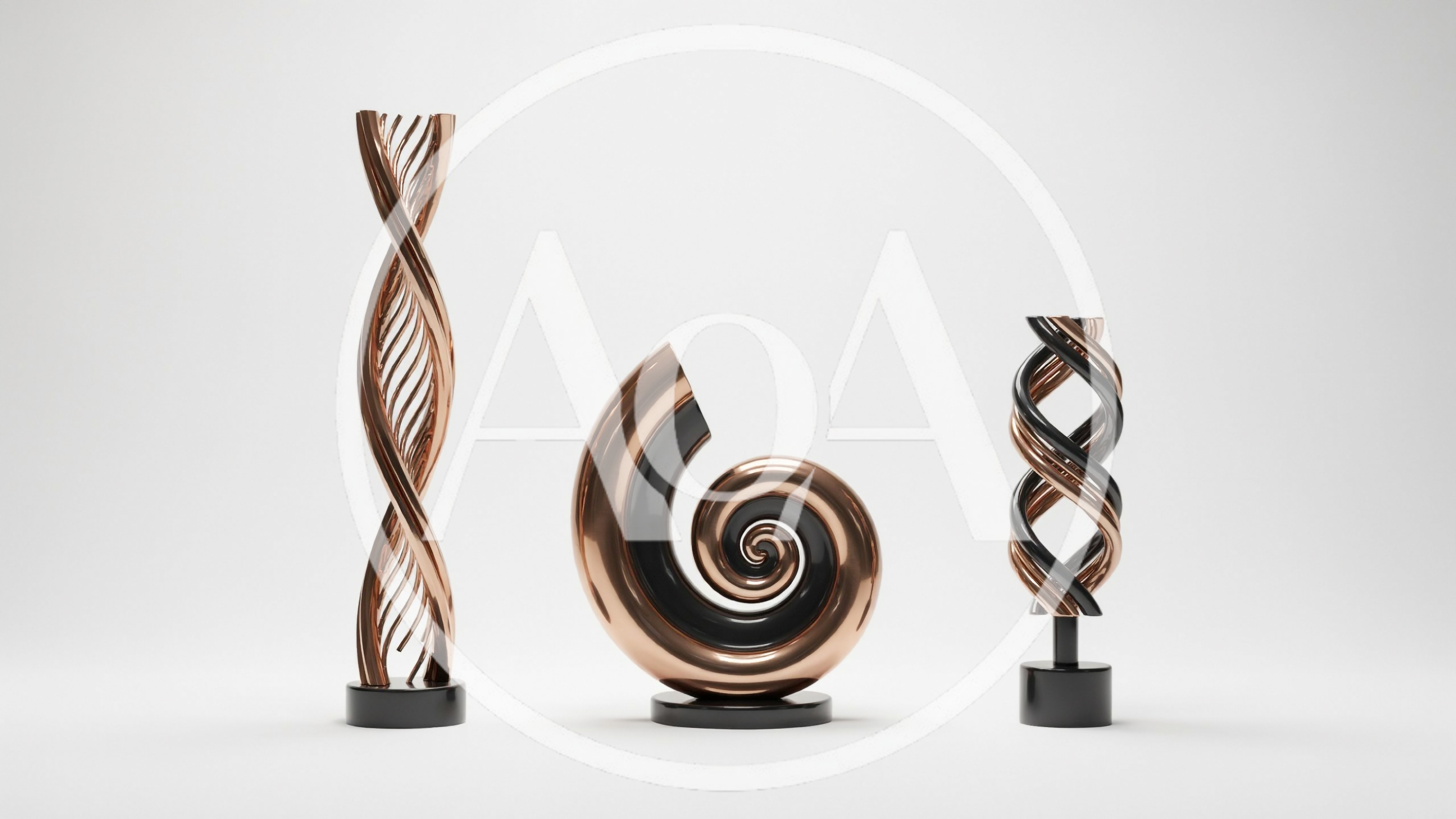 Three Abstract Metallic Sculptures On A White Background