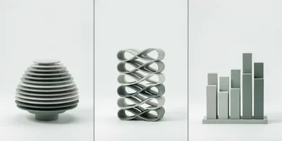 Three Abstract Geometric Sculptures On White Background
