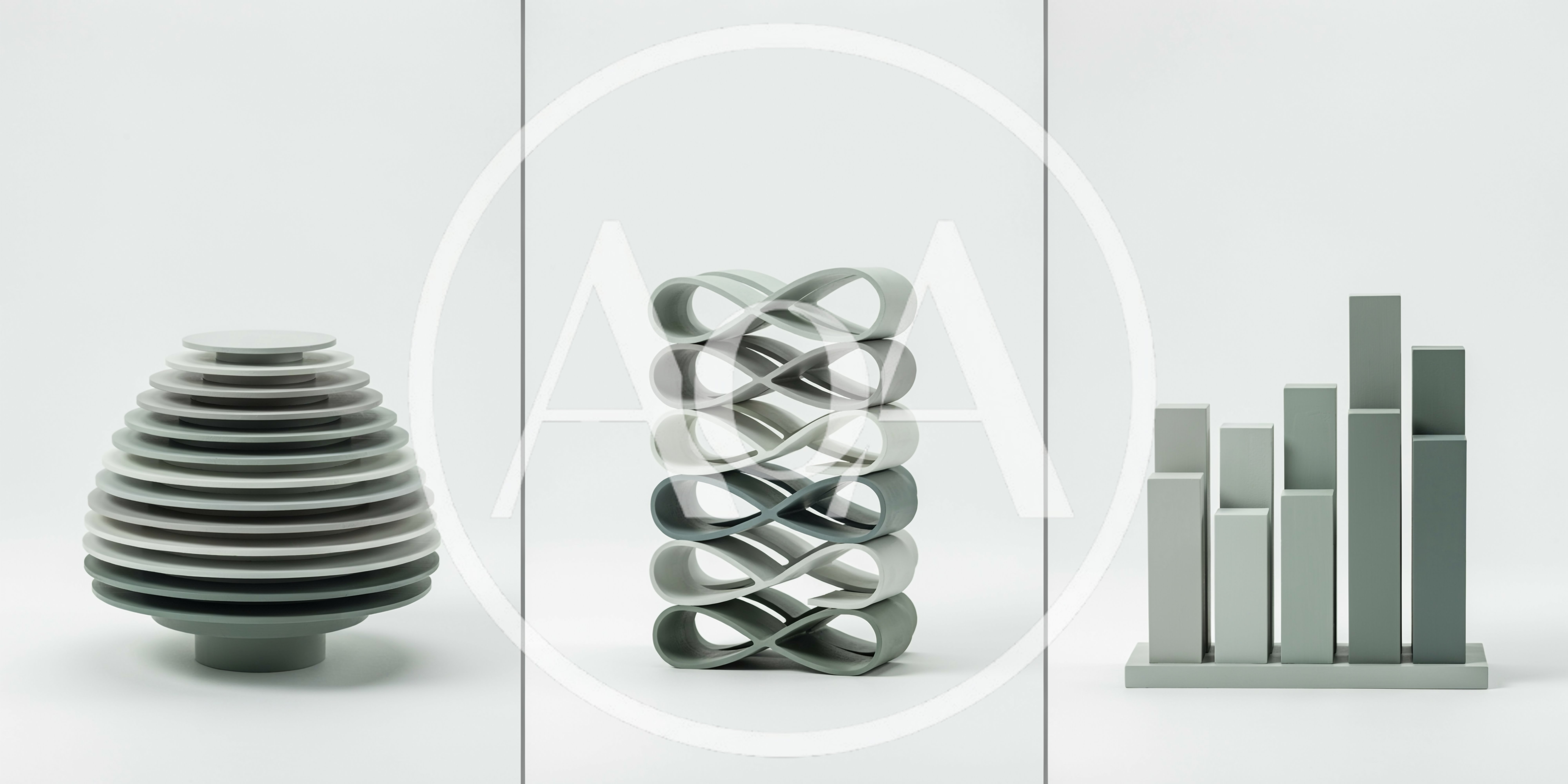 Three Abstract Geometric Sculptures On White Background