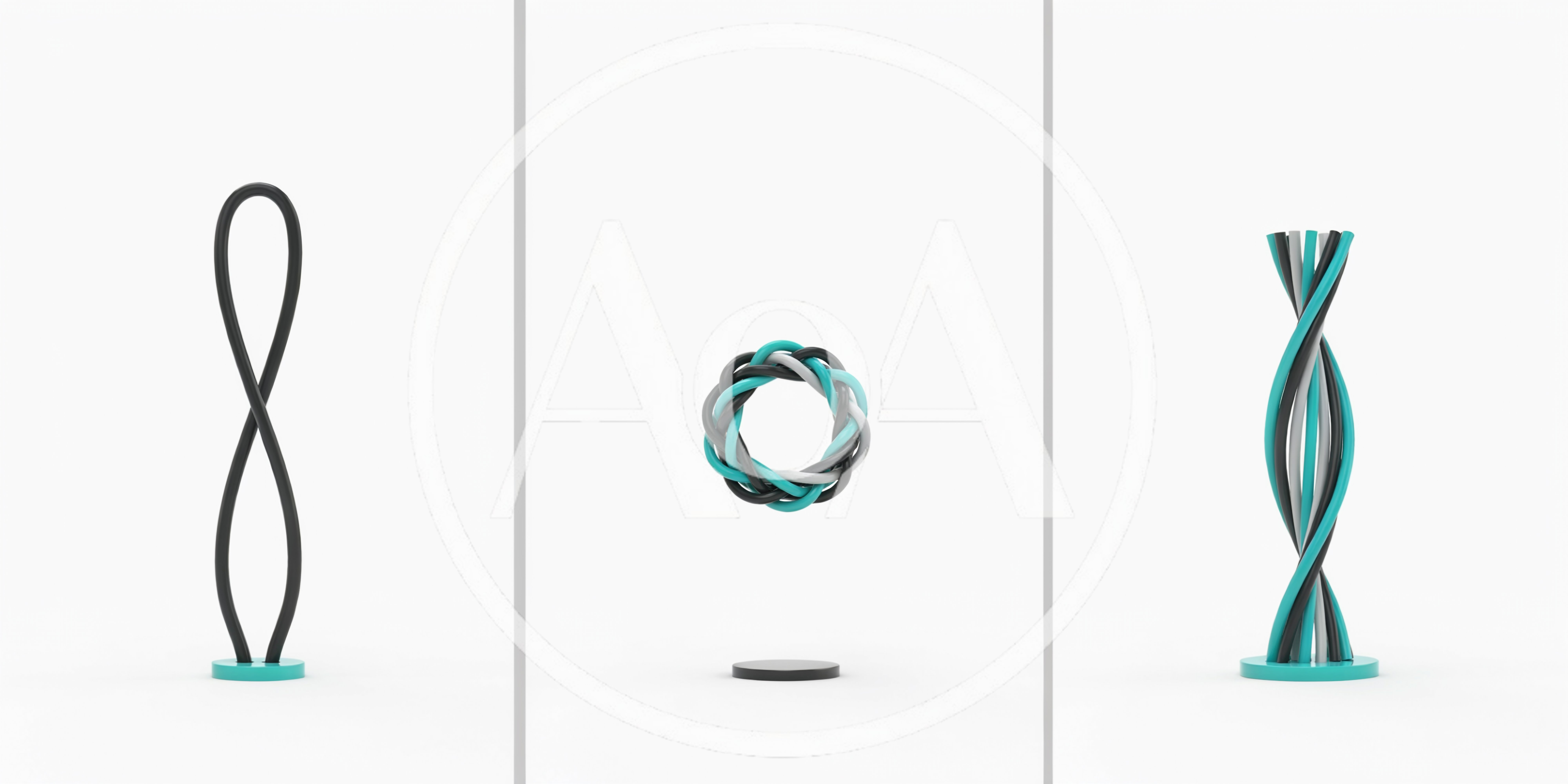 Three Abstract Geometric Sculptures On White Background
