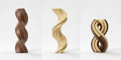 Three Abstract Wooden Sculptures On White Background