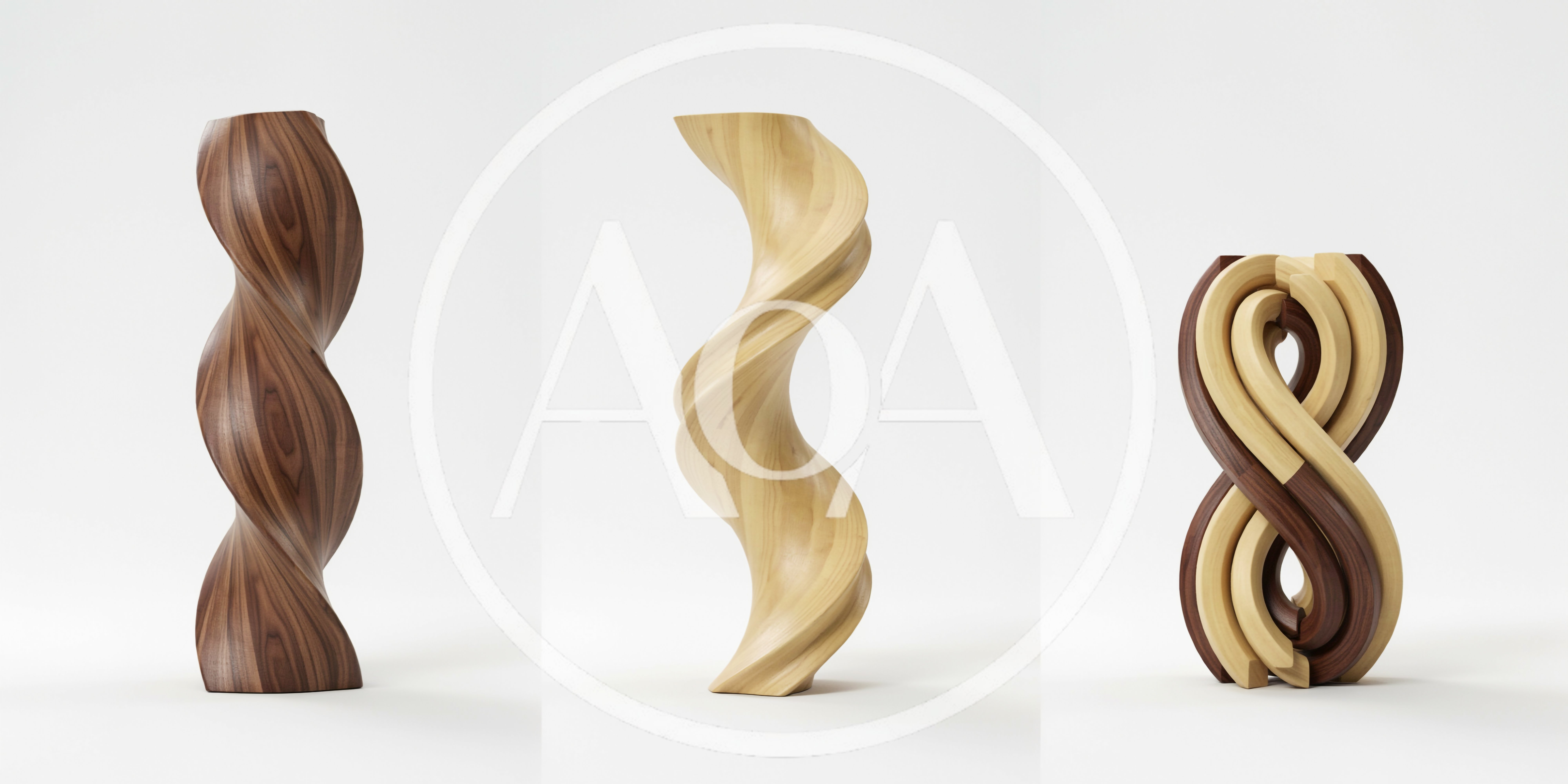 Three Abstract Wooden Sculptures On White Background