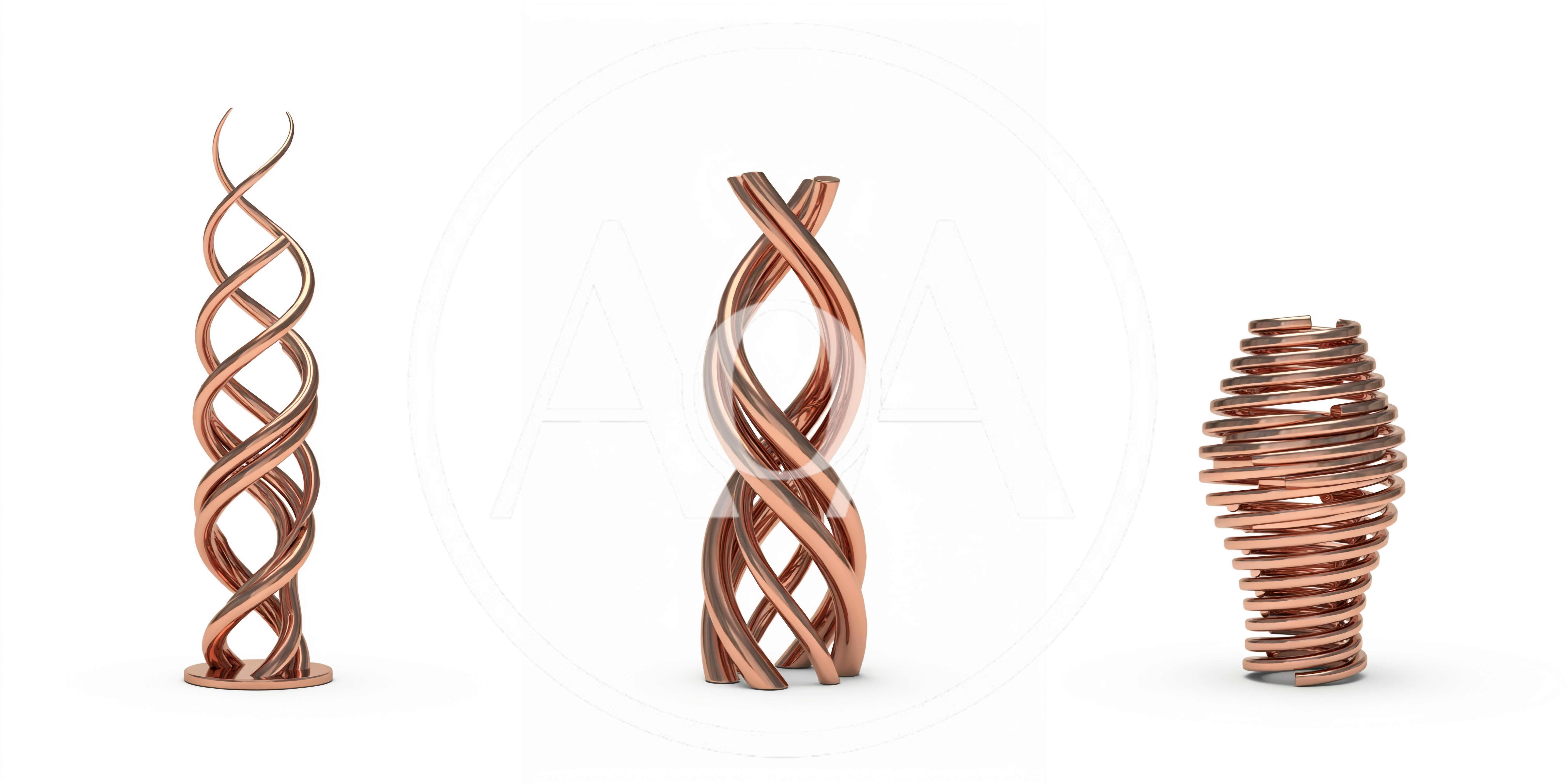 Three Abstract Copper Metal Sculptures On White Background