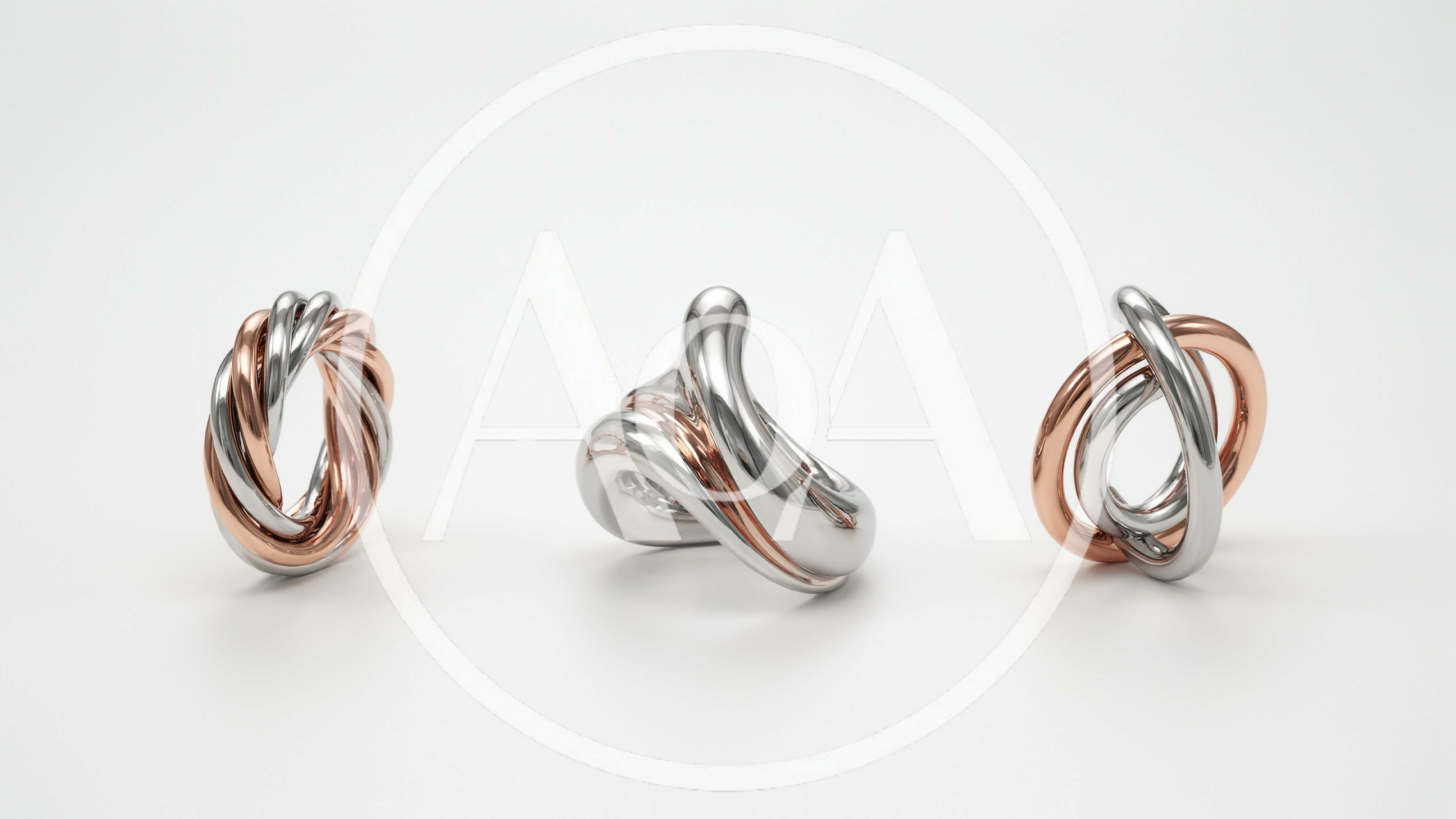 Abstract Metallic Intertwined Rings on White Background