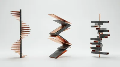 Three Abstract Architectural Sculptures On White Background