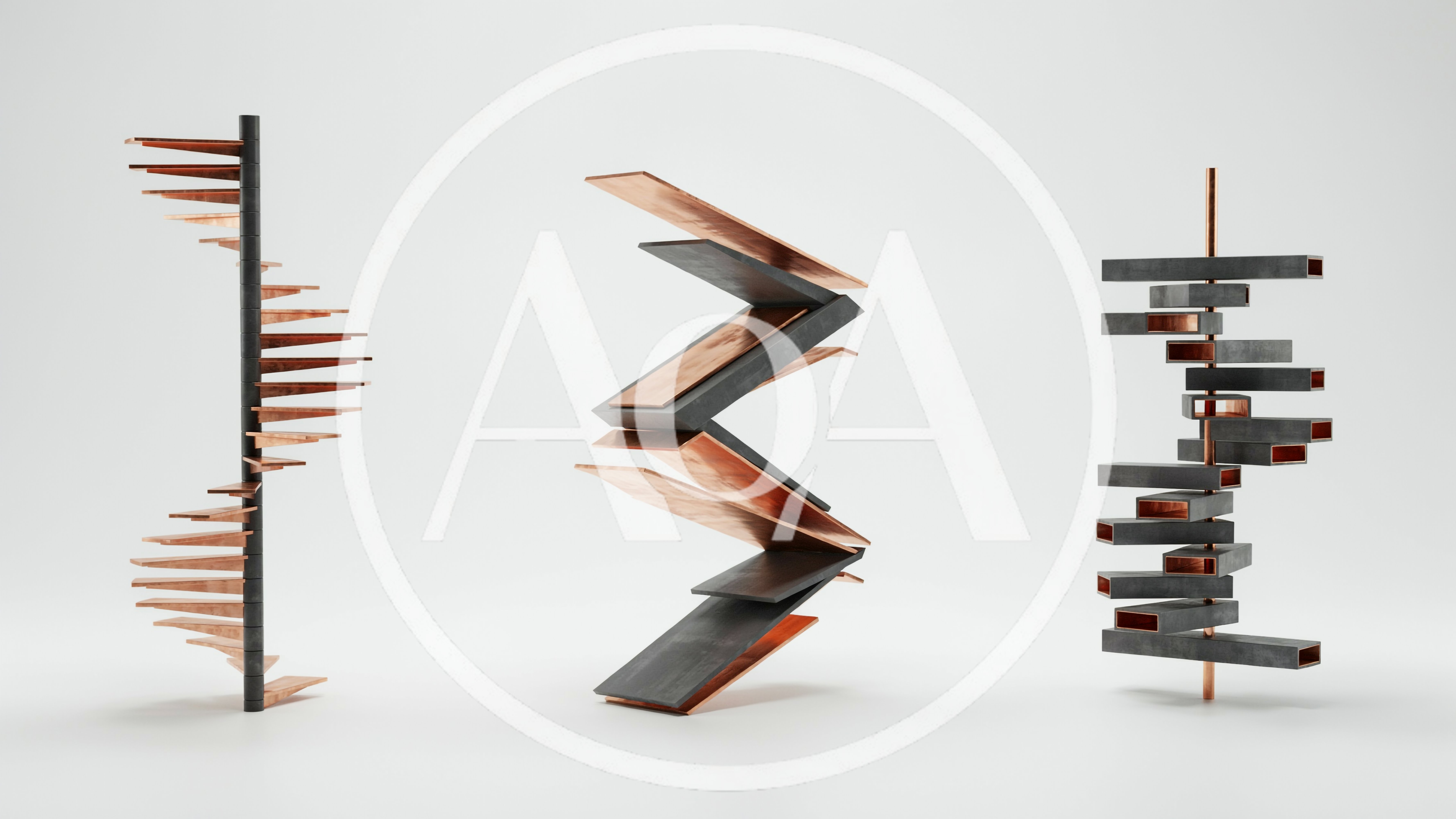 Three Abstract Architectural Sculptures On White Background