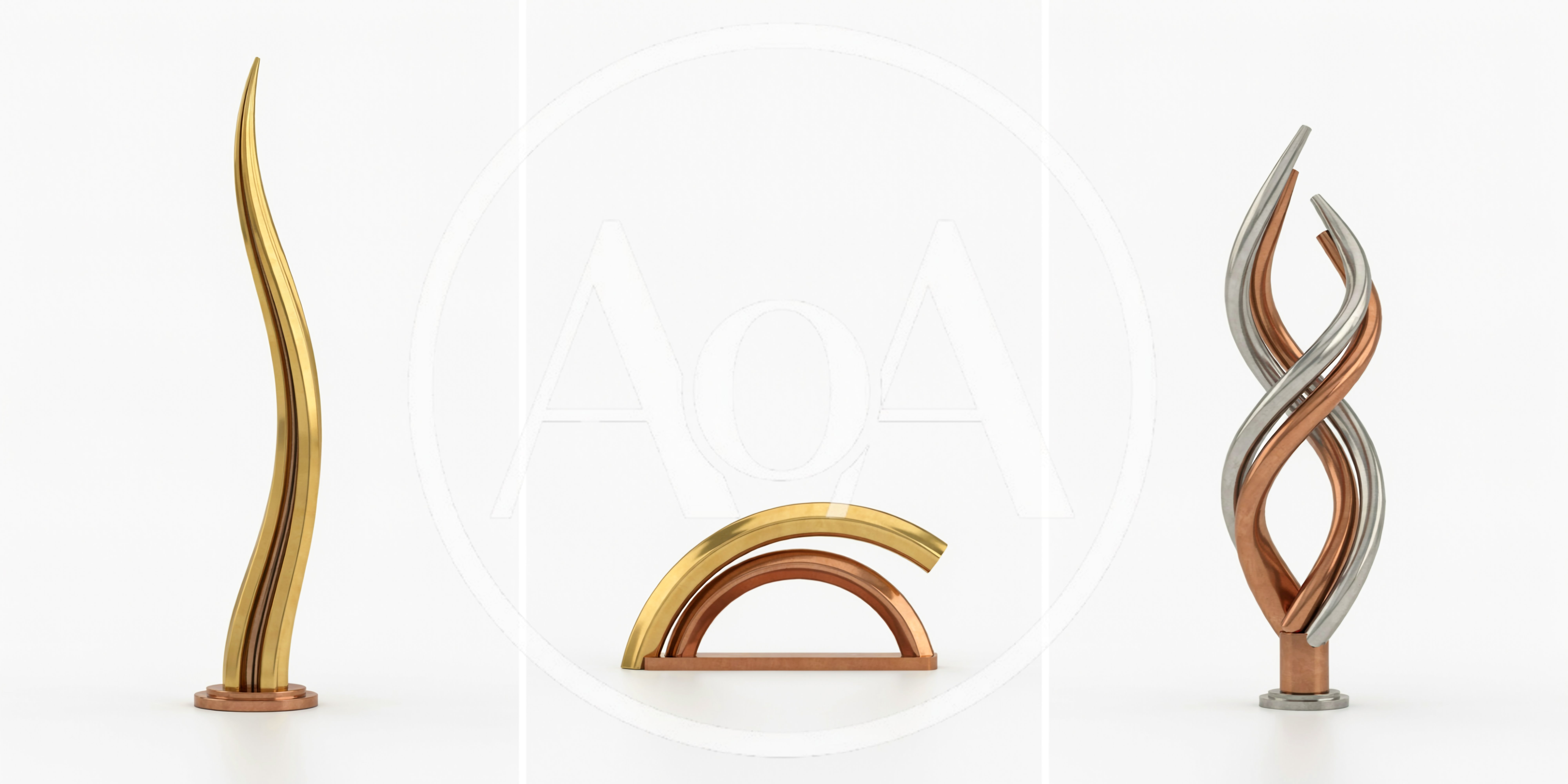 Three Abstract Metallic Sculptures On White Background