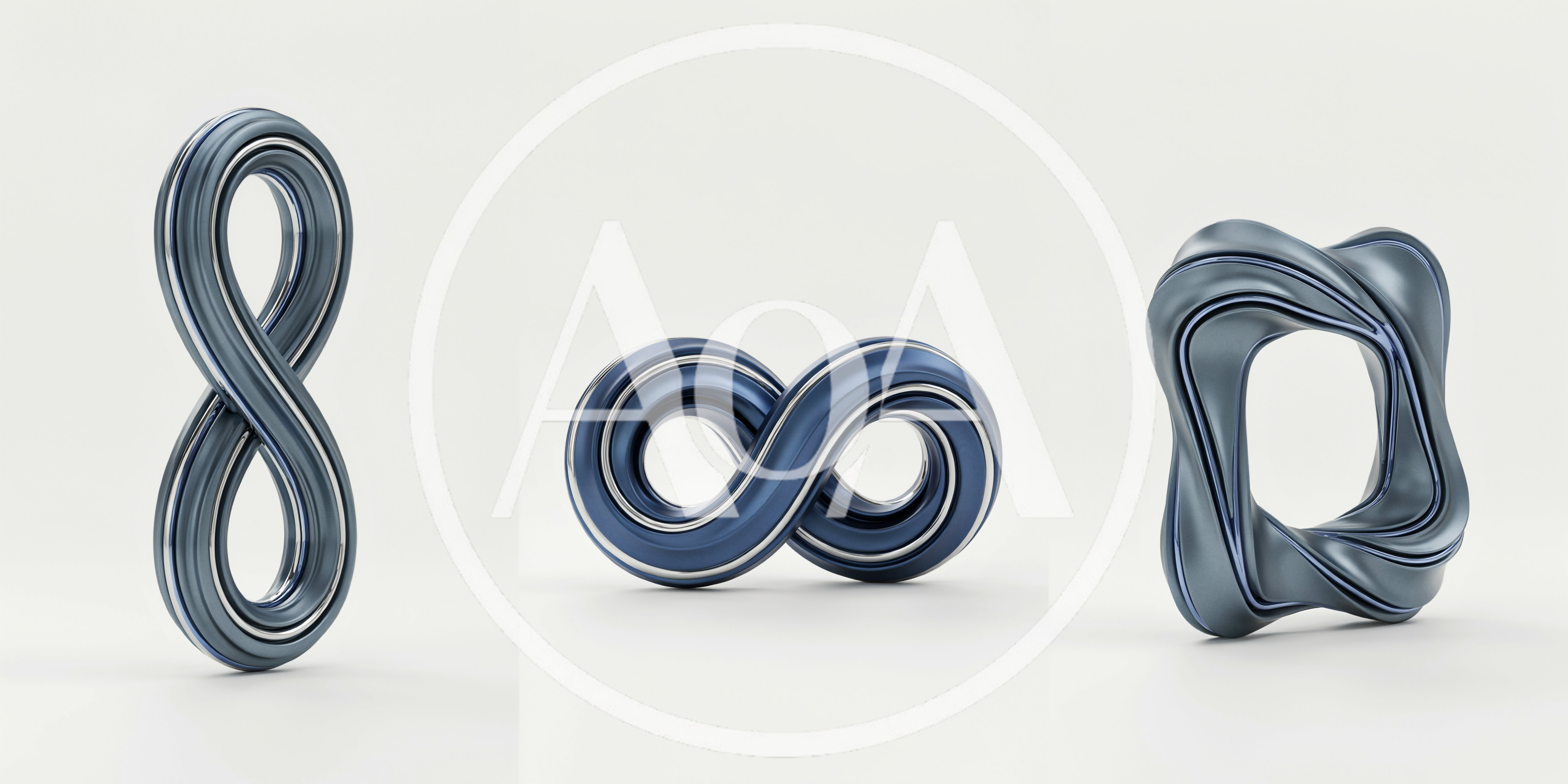 Abstract 3D Metallic Infinity Symbols and Geometric Shapes