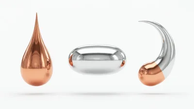 Abstract Metallic Shapes Floating Against A White Background