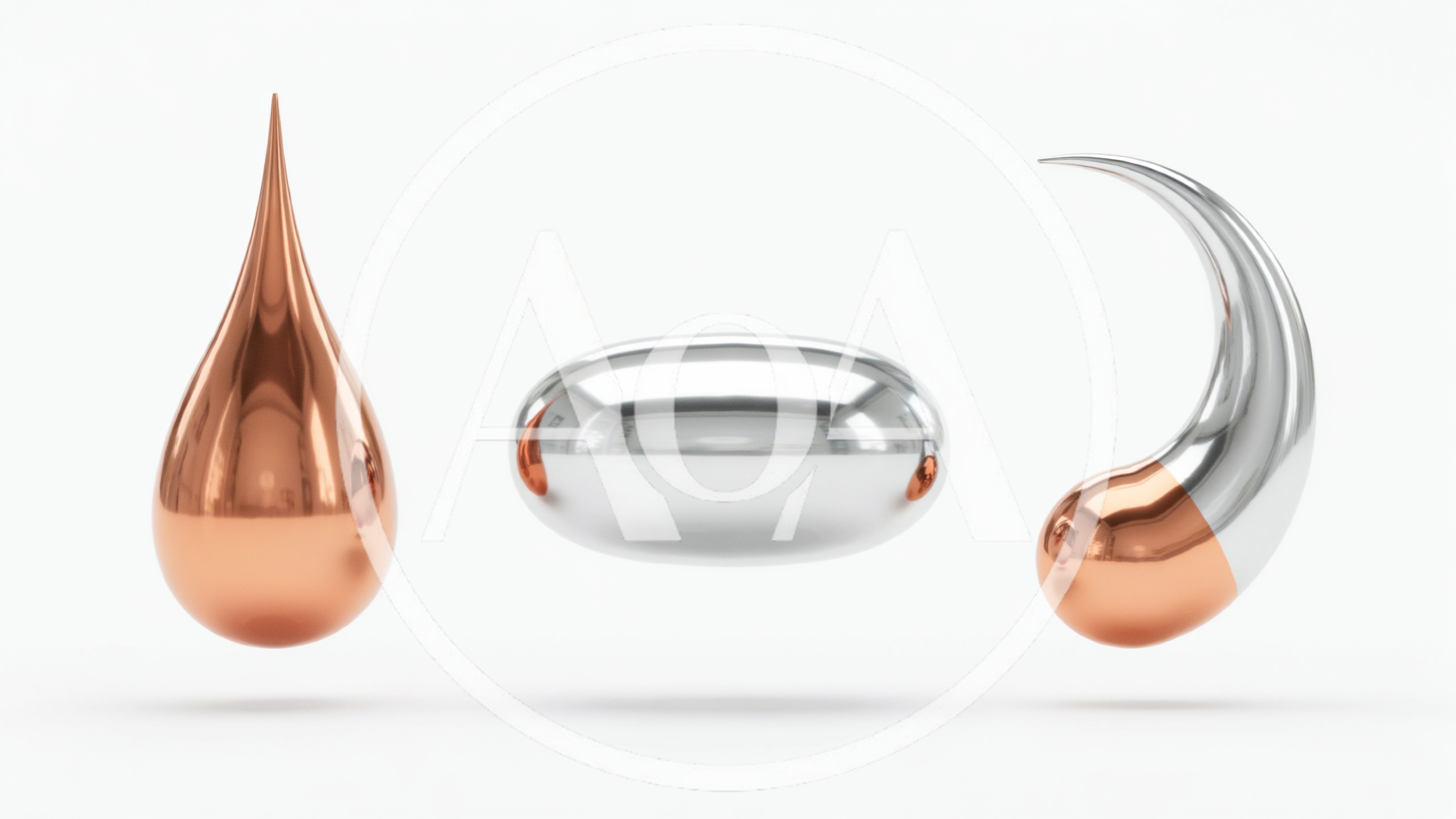 Abstract Metallic Shapes Floating Against A White Background