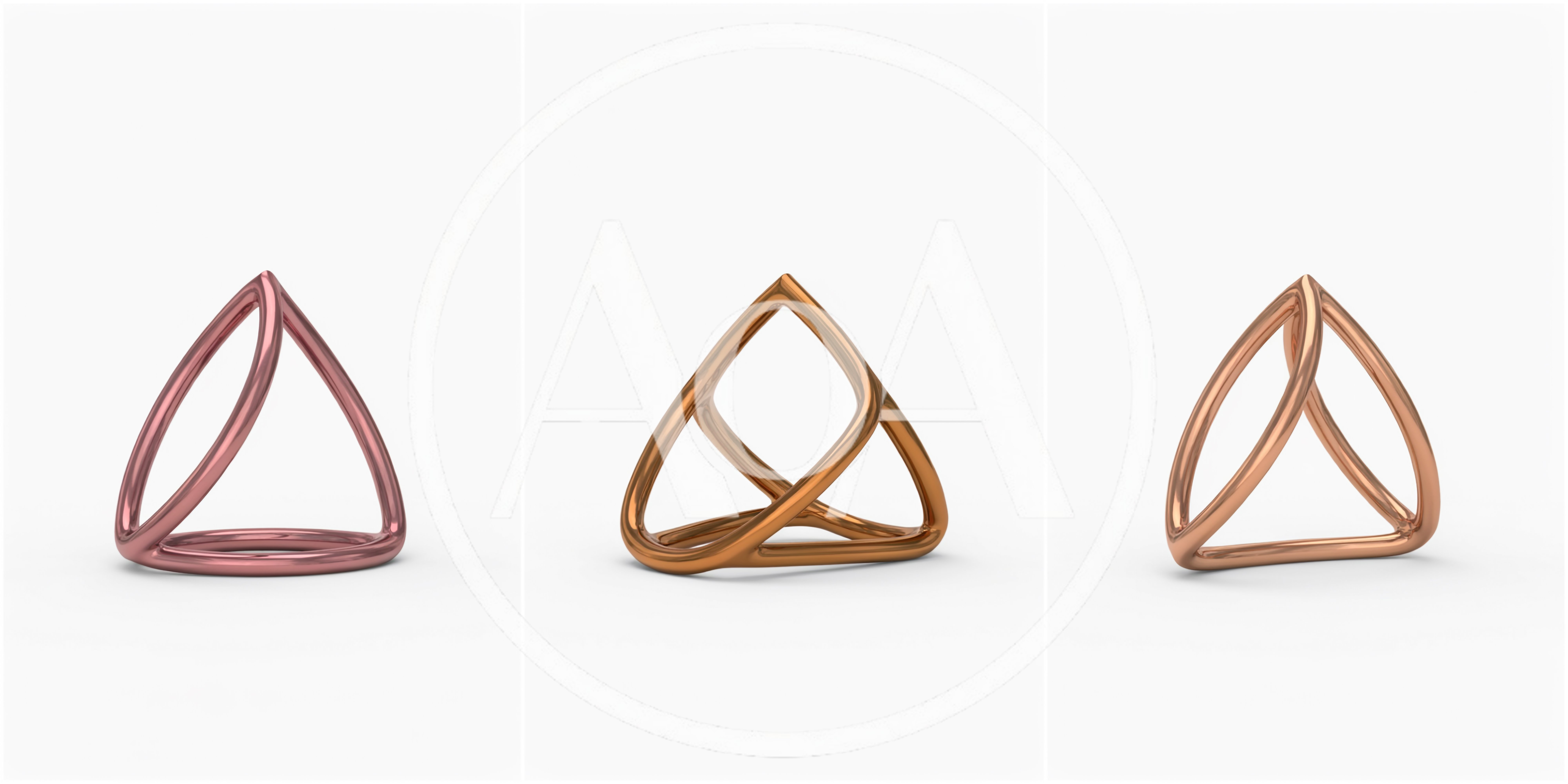 Three Metallic Geometric Sculptures On White Background
