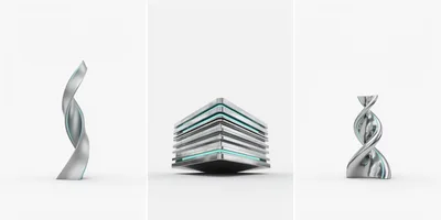 Three Futuristic Abstract Metallic Sculptures On White Background