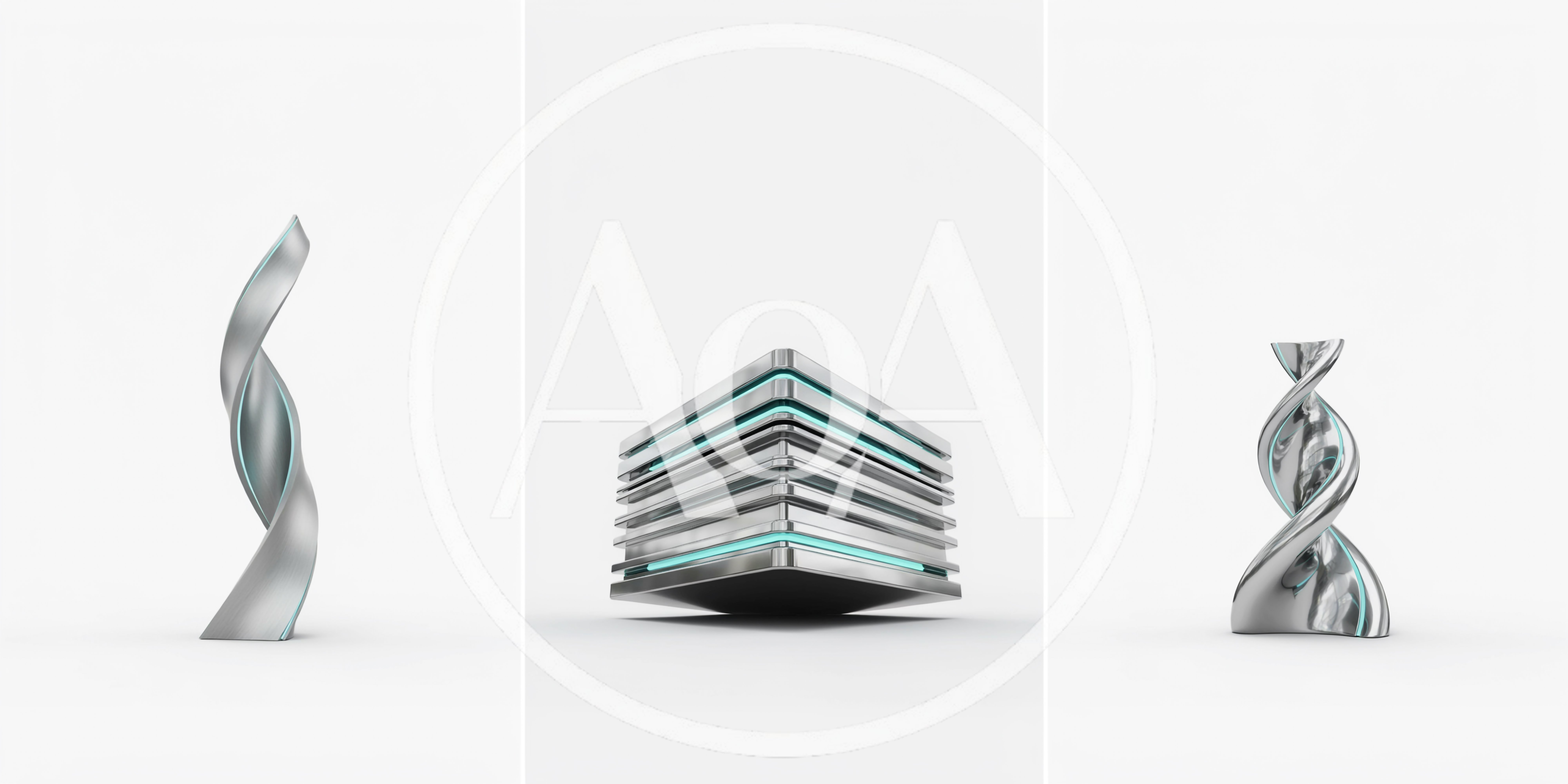 Three Futuristic Abstract Metallic Sculptures On White Background