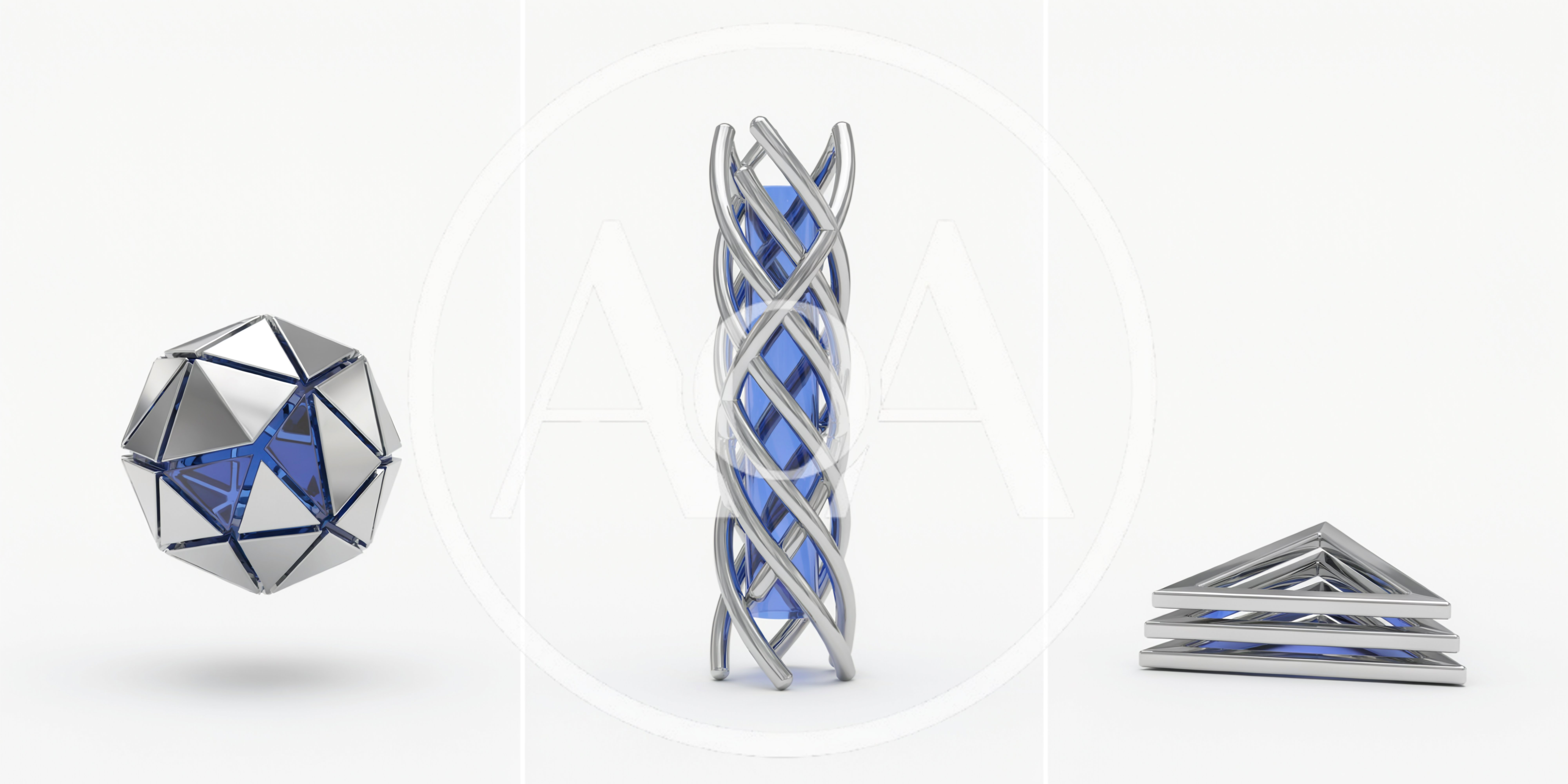Abstract Geometric Metallic And Blue Glass Sculptures