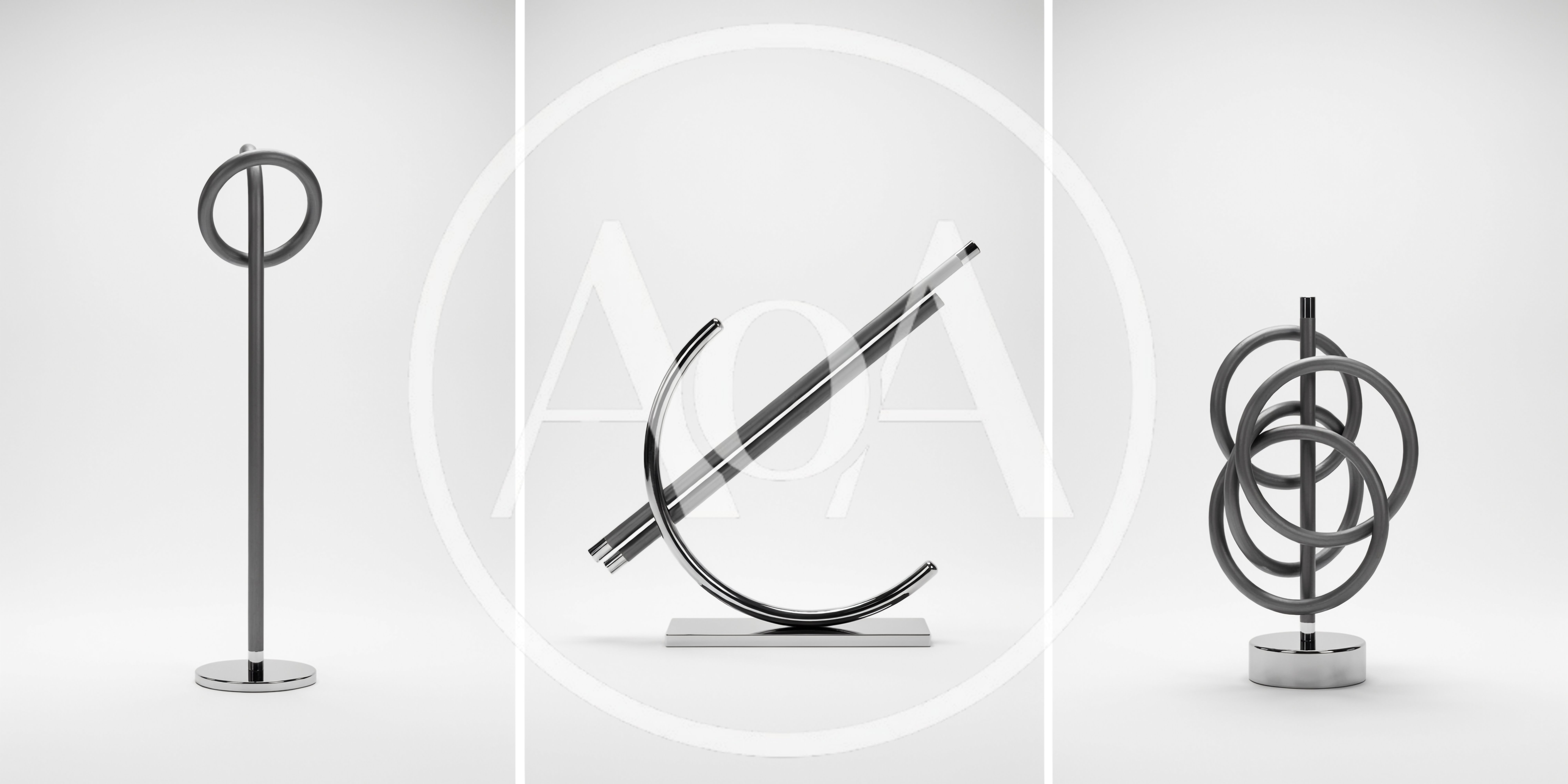 Three Modern Minimalist Metal Sculptures On White Background