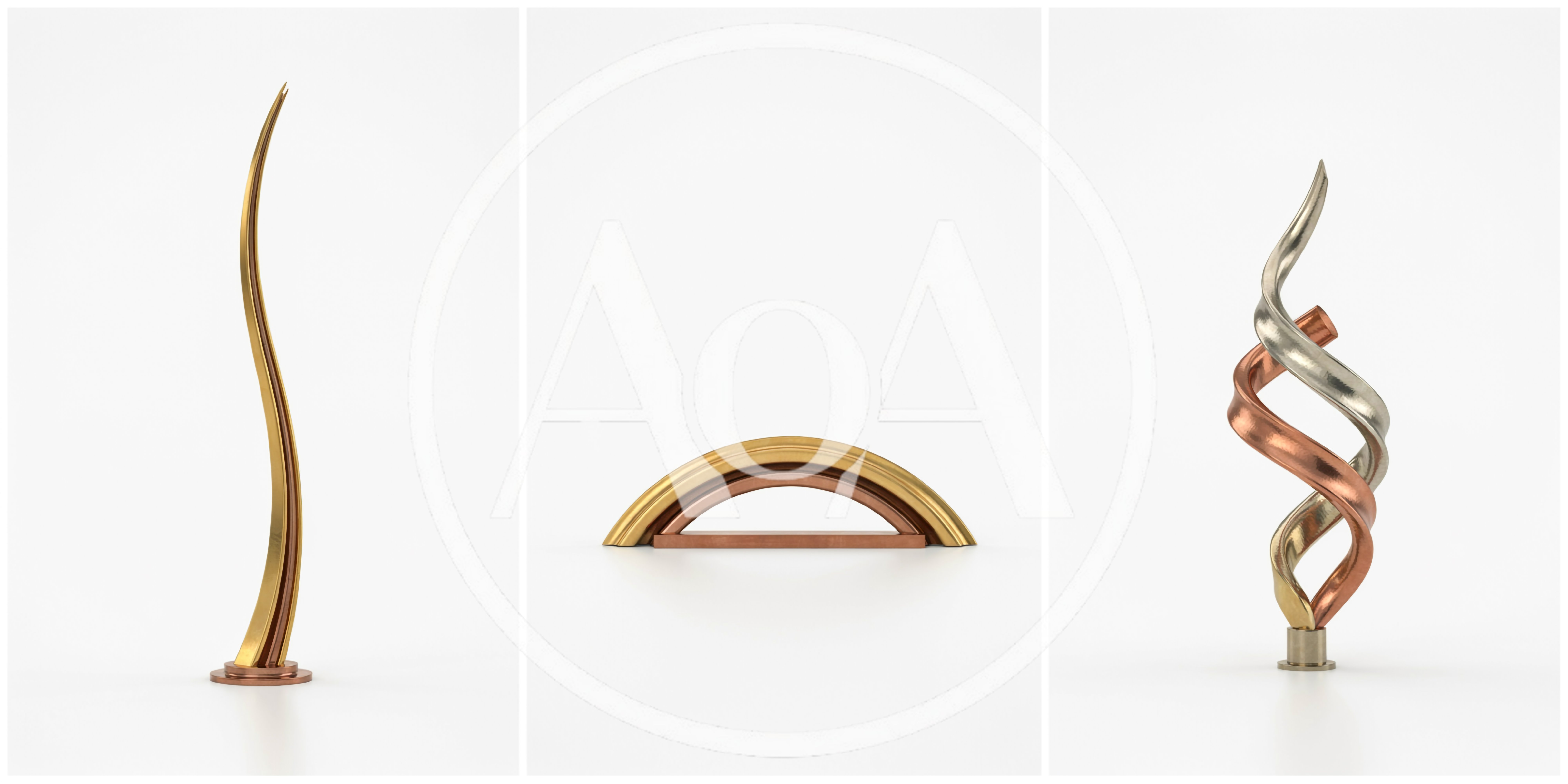 Three Abstract Metallic Sculptures On White Background