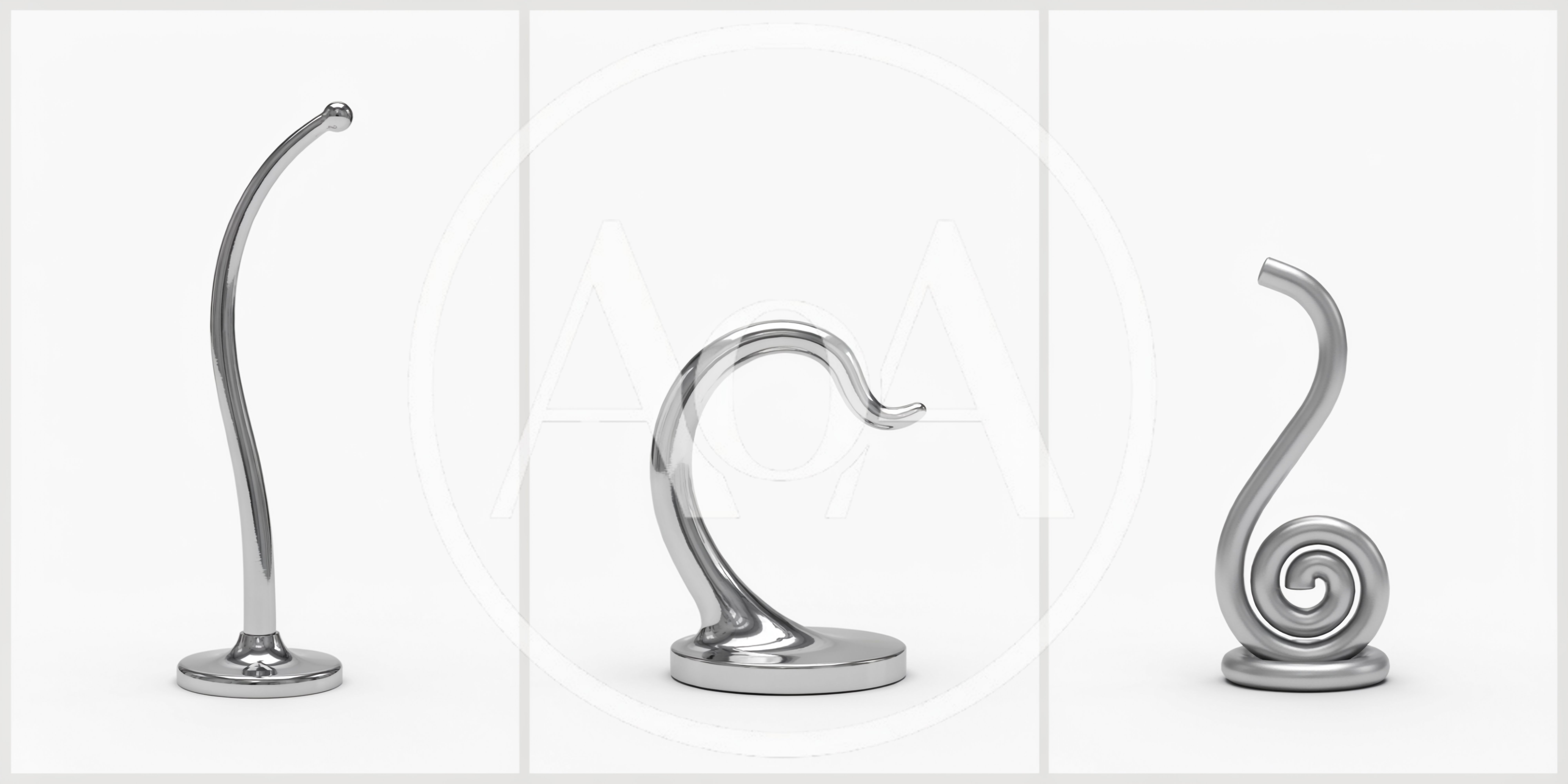 Three Abstract Chrome Sculptures On White Background