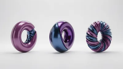 Three Abstract Metallic Torus Shapes On White Background