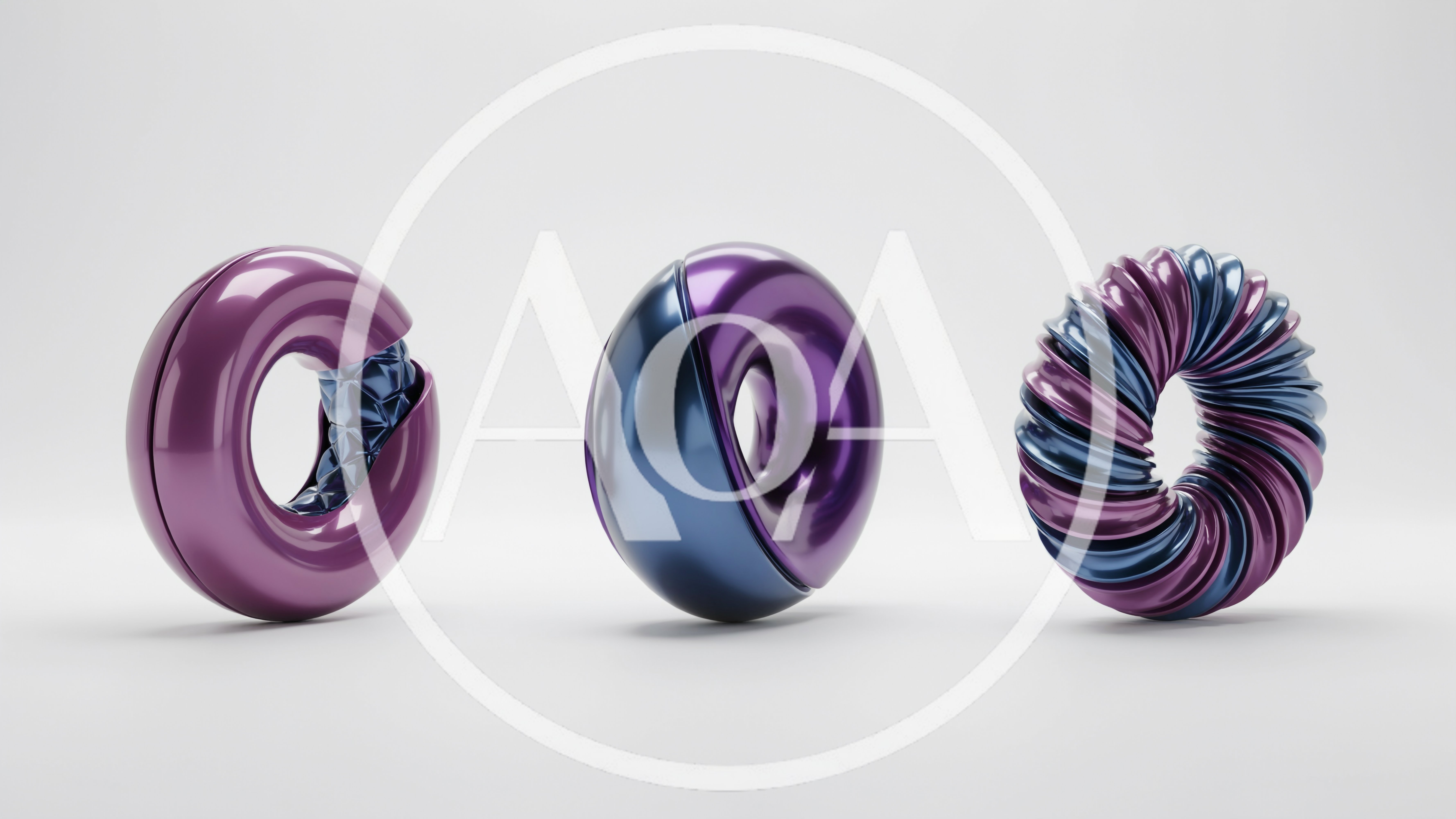 Three Abstract Metallic Torus Shapes On White Background