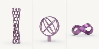 Three Abstract Metallic Geometric Sculptures On White Background