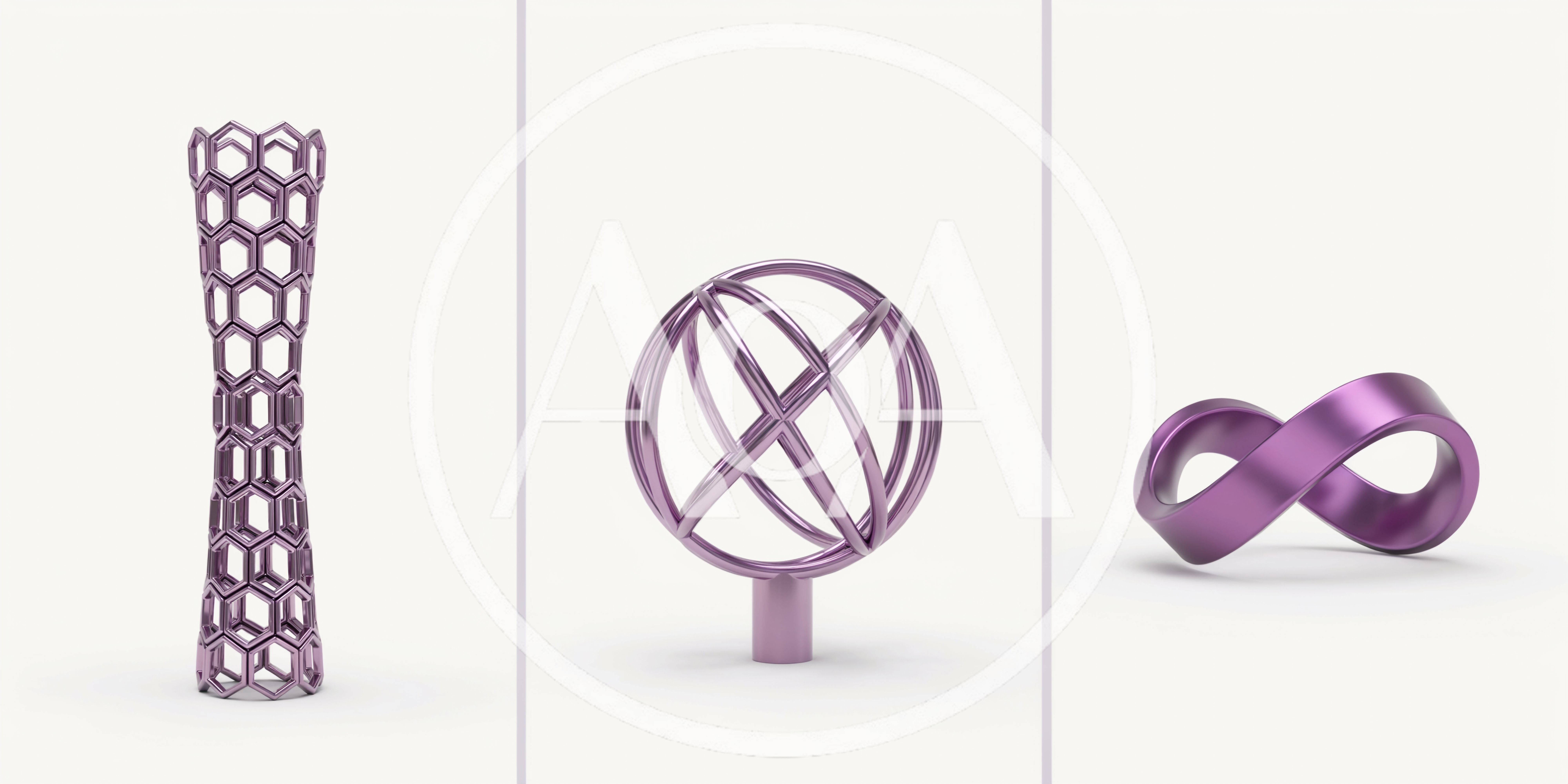 Three Abstract Metallic Geometric Sculptures On White Background