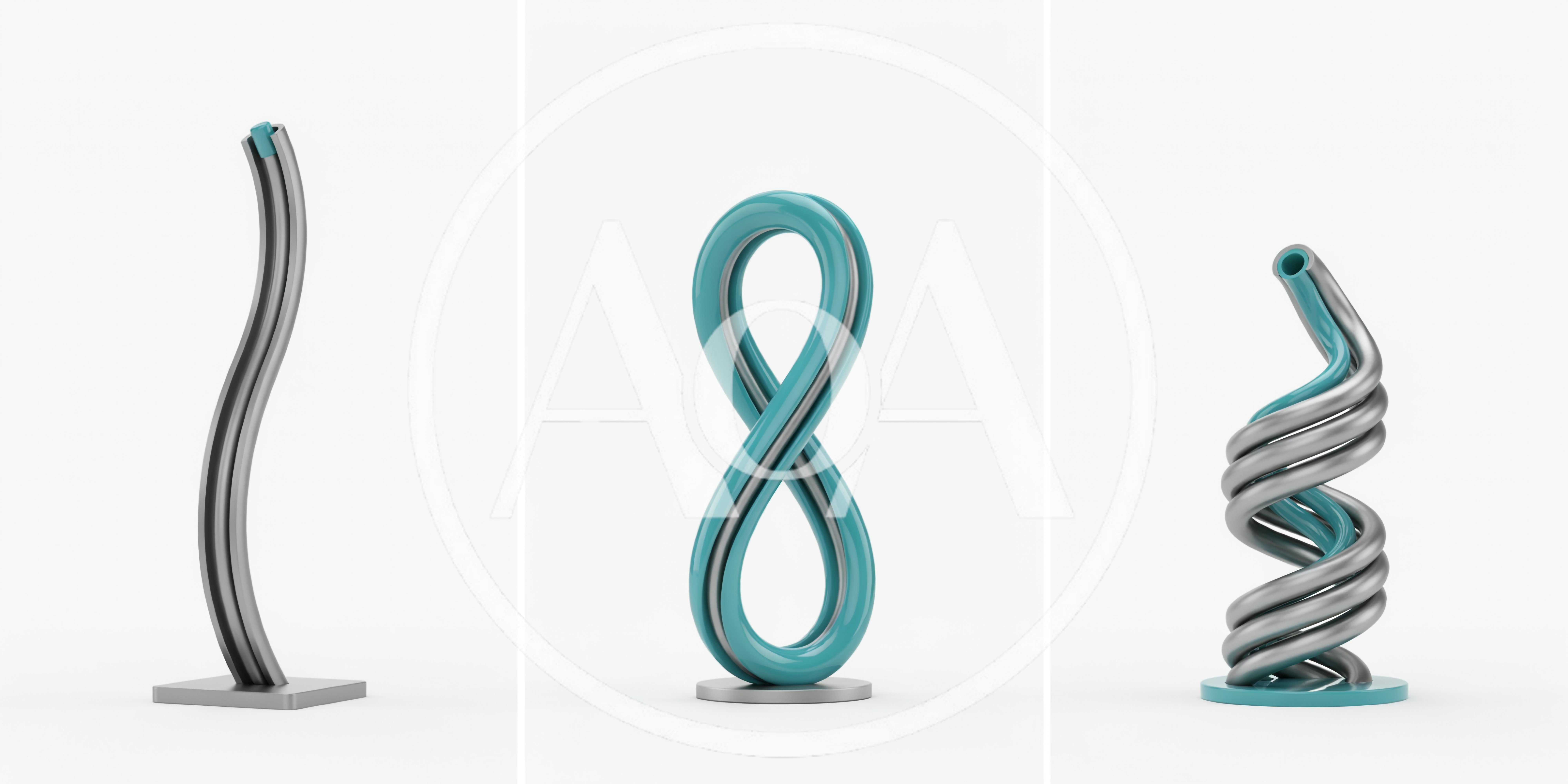 Three Abstract Metallic Sculptures On White Background