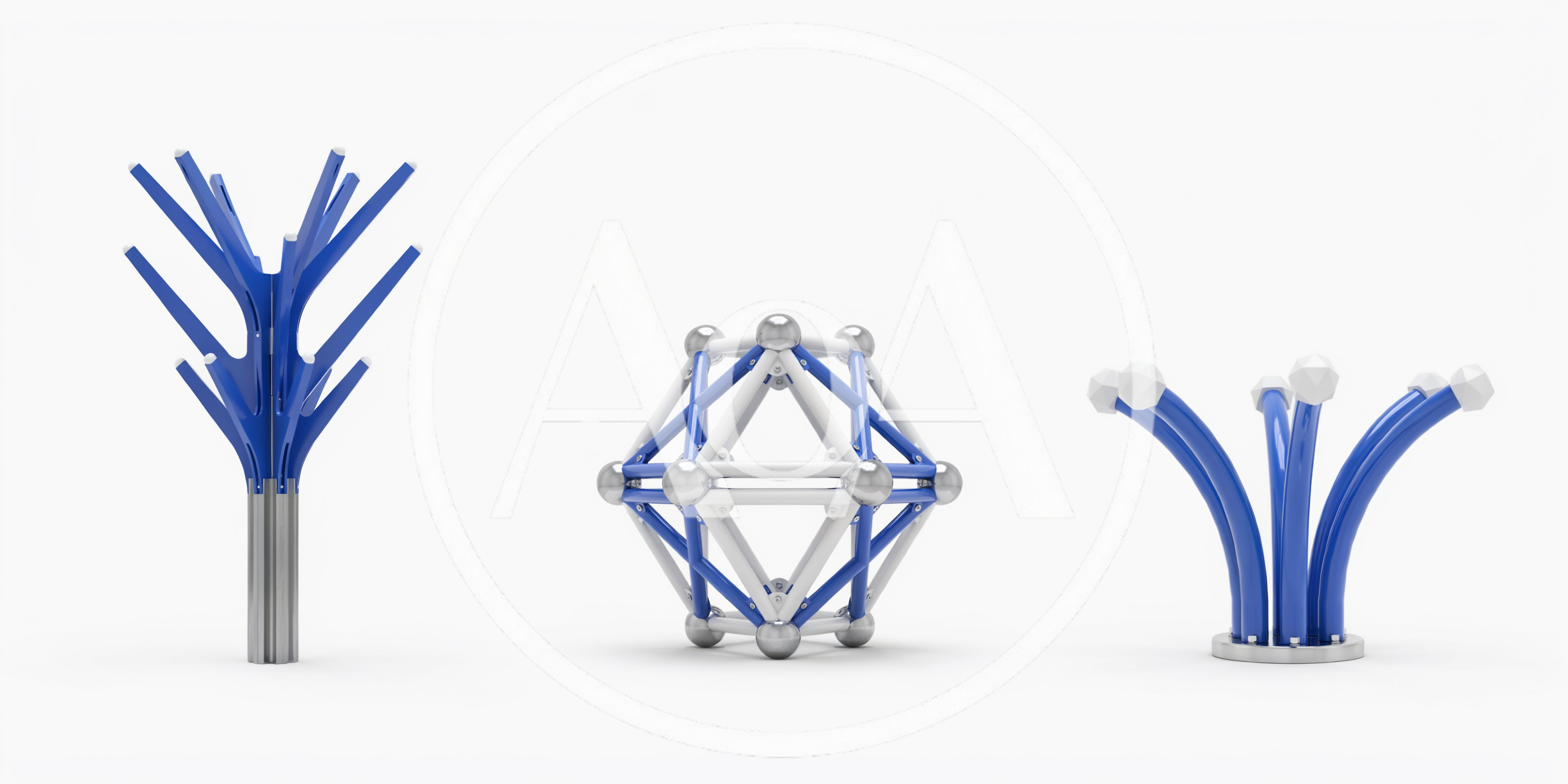 Three Abstract Geometric Sculptures On White Background