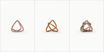 Three Metallic Abstract Geometric Sculptures On White Background