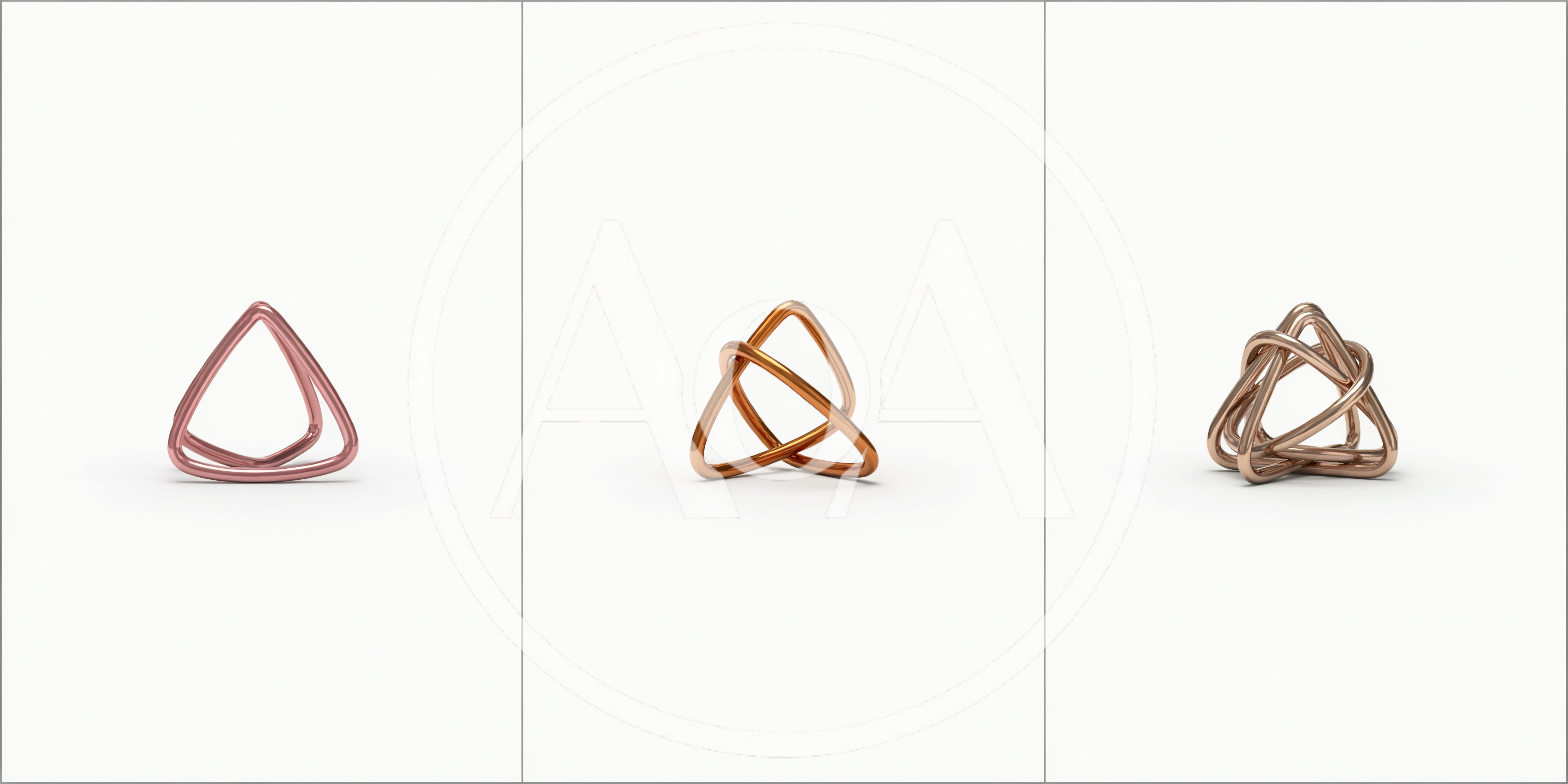 Three Metallic Abstract Geometric Sculptures On White Background