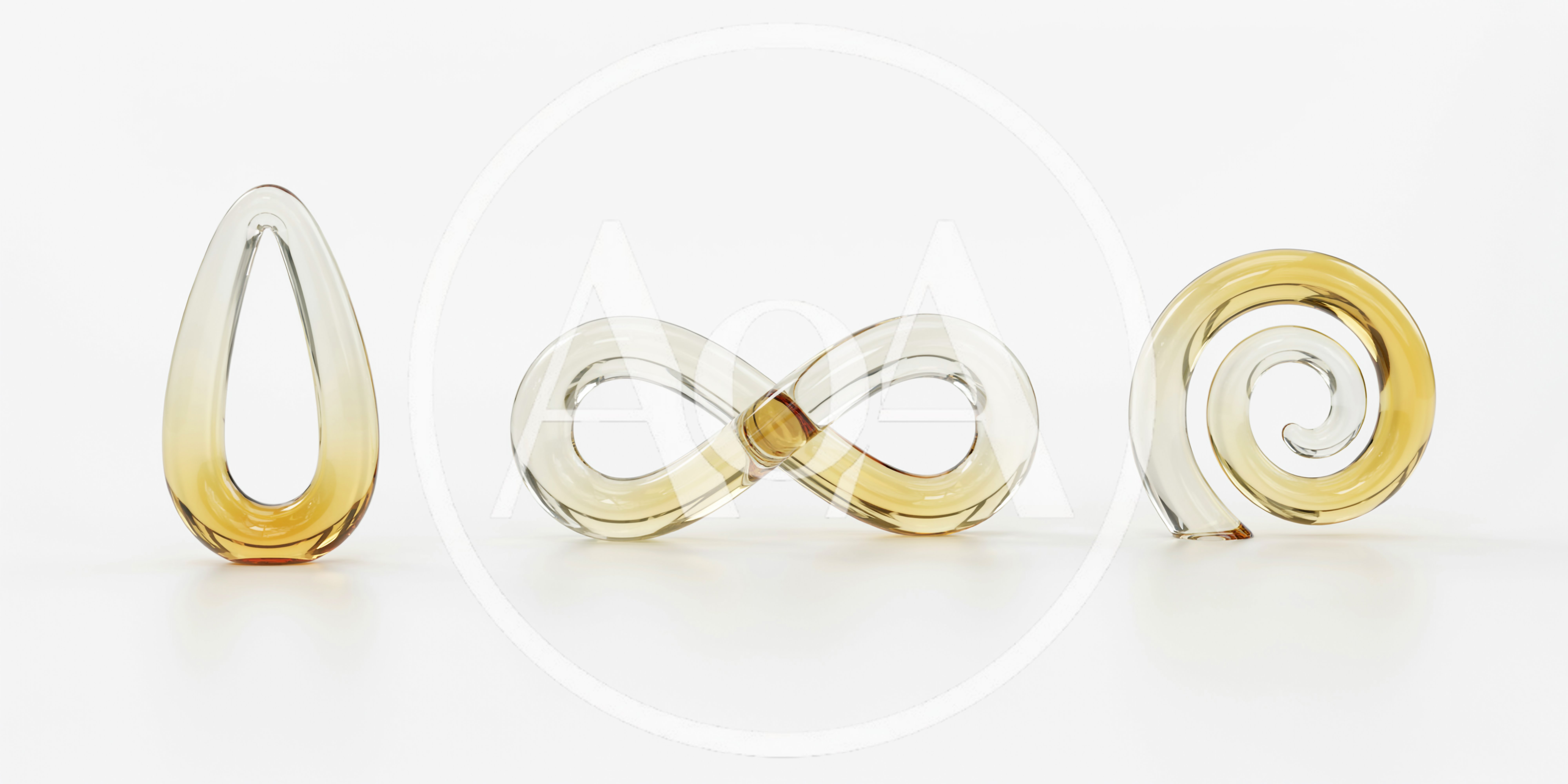 Three Abstract Glass Sculptures On White Background