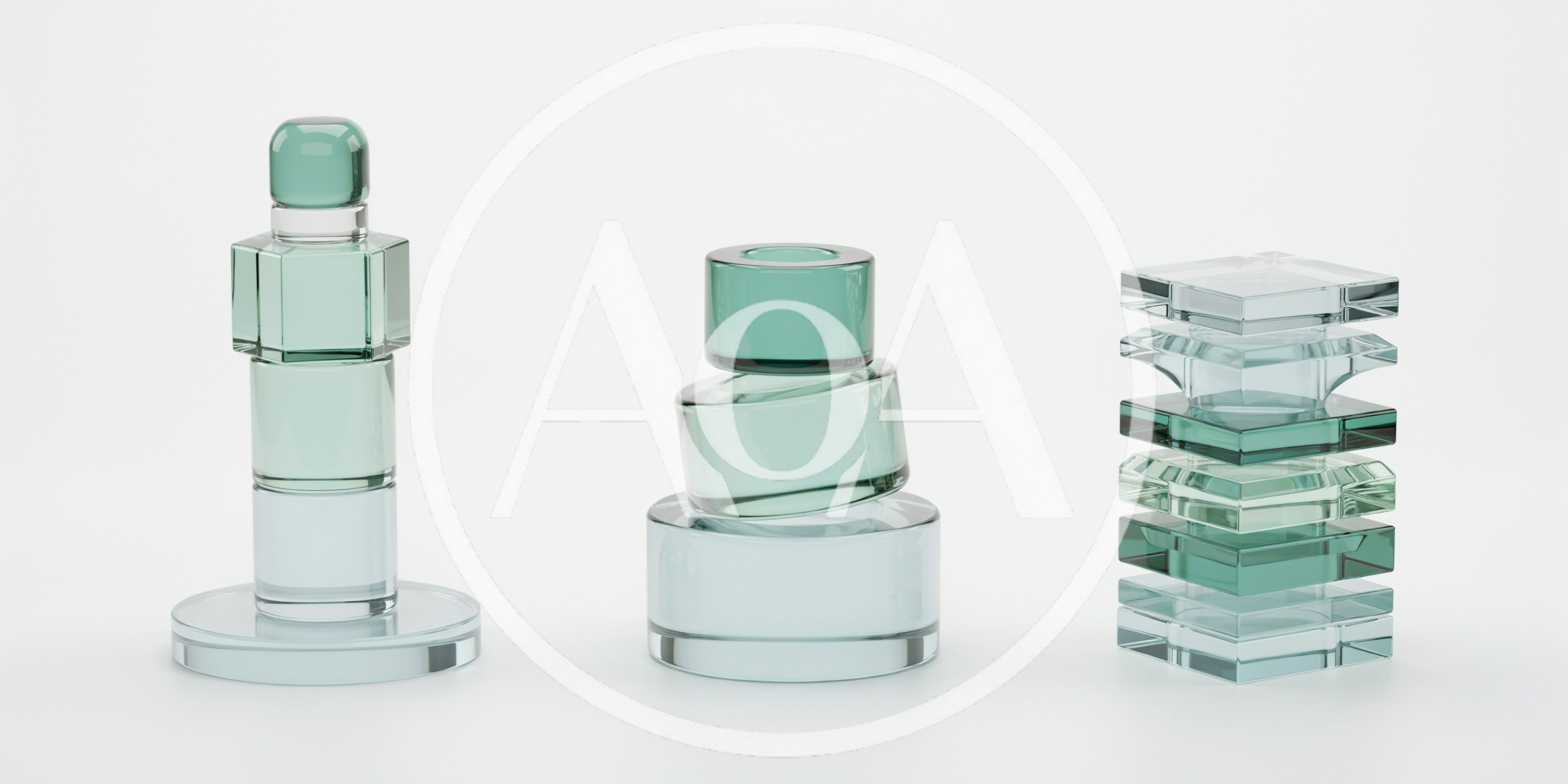 Abstract Glass Geometric Sculptures On White Background